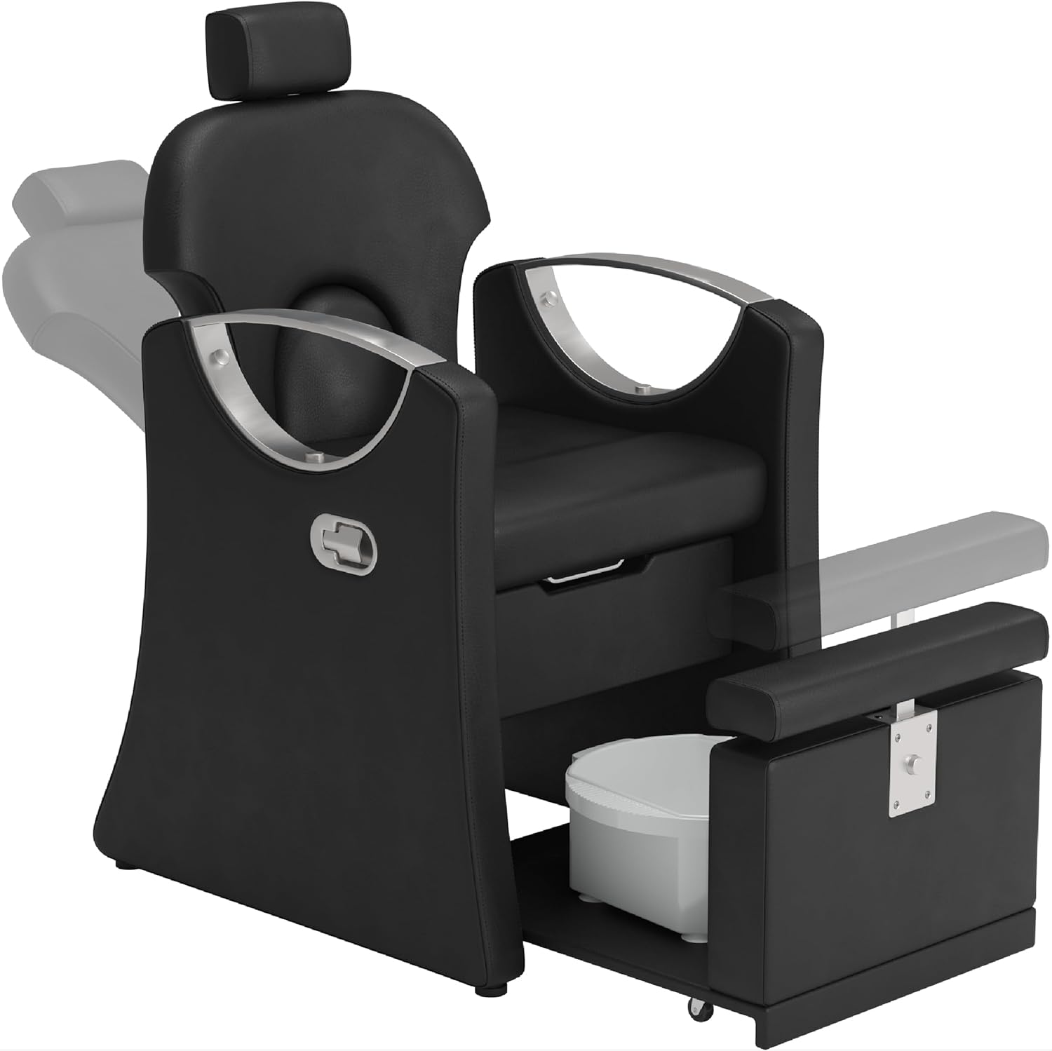 Reclining Pedicure Station for Nail Tech, Adjustable No Plumbing Pedicure Chair with Massage Foot Bath Basin,Adjustable Headrest and Backrest for Salon,Spa (Black, Silver Frame)