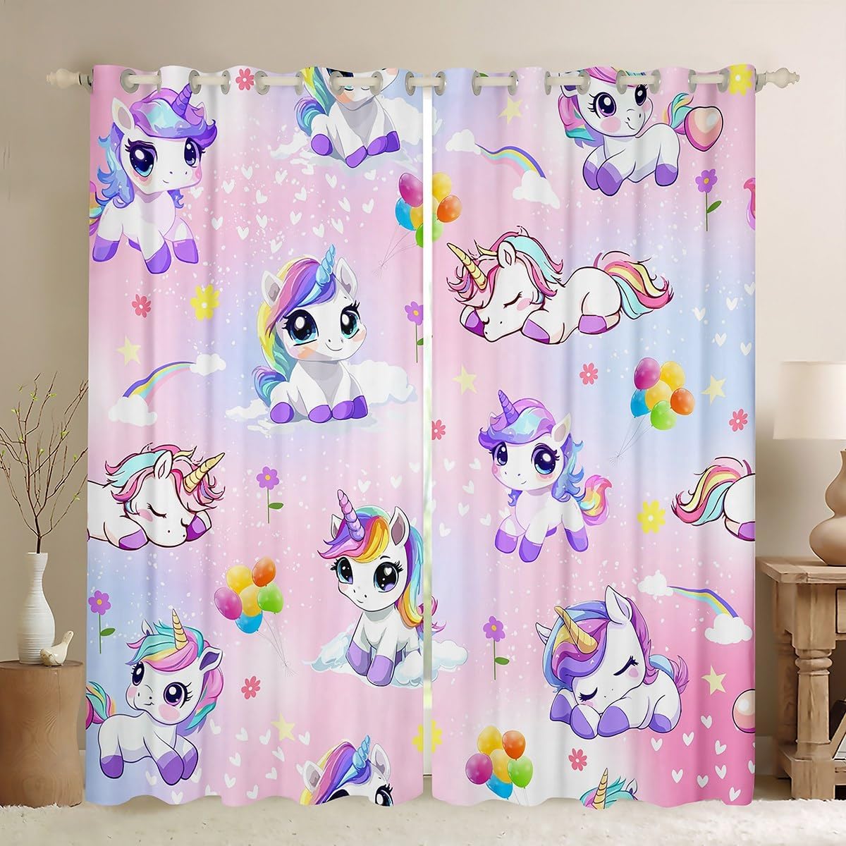 Manfei Rainbow Unicorn Kids Window Curtains,Colorful Balloons Love Heart Flowers Princess Window Drapes for Girls Women,Kawaii Animal Pink Window Treatments Grommet Top 2 Panel Set,42Wx63L inch