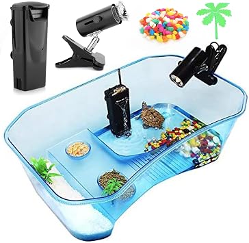 Turtle Tank with Multi-Function Areas, Easy Assembly, Ideal for Small Turtles & Reptiles, Includes Plastic Tree & Fishing Net | Quiet Water Pump, Light, Multi-Function Areas, Easy Assembly
