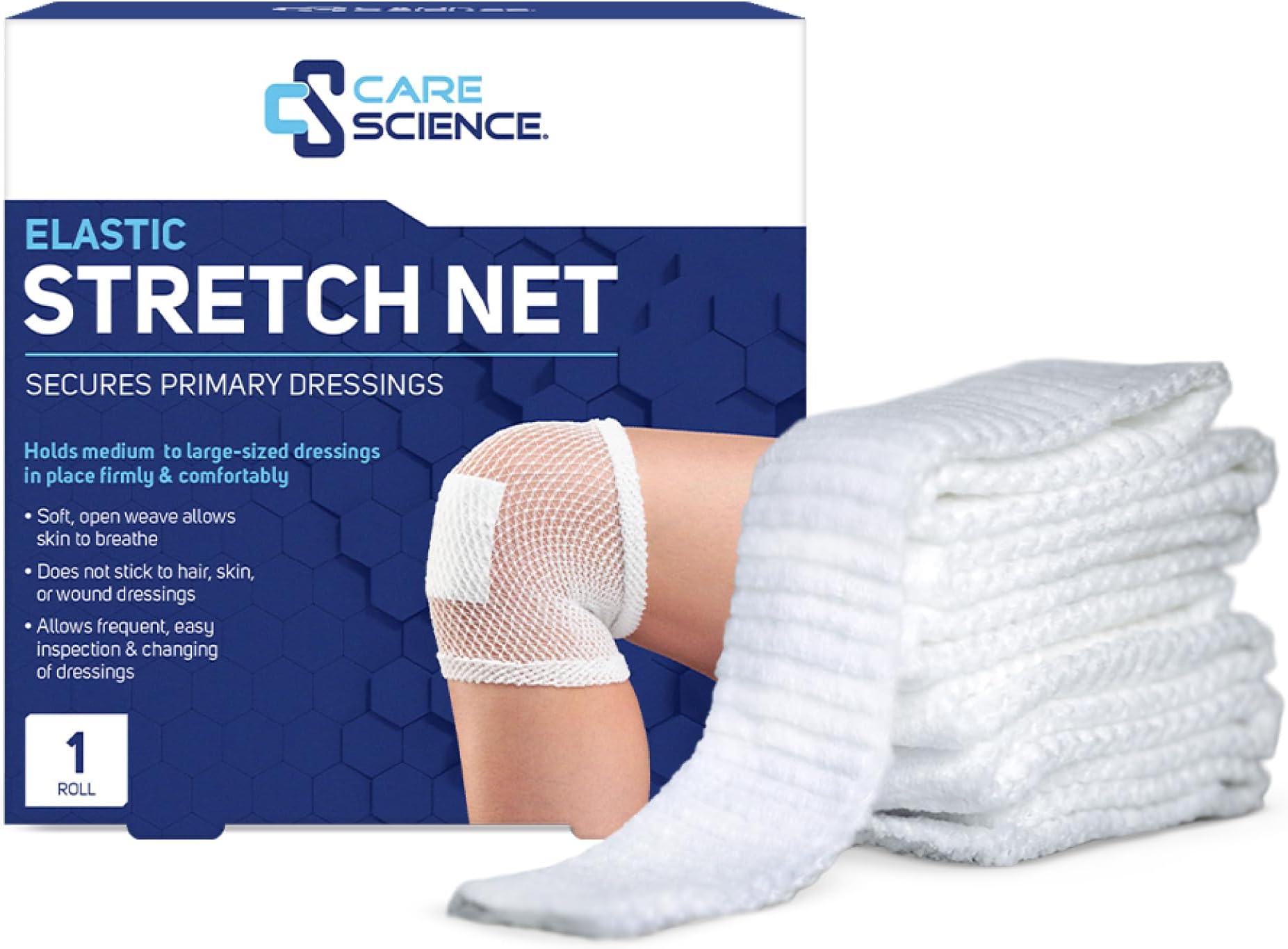 Care Science Elastic Stretch Net, 1 Roll, 5 Yards | Premium First Aid Wound Care, Secures Wound Dressings Firmly & Comfortably in Place