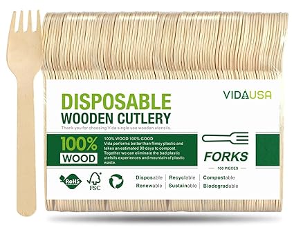 VIDAUSA Disposable Wooden Cutlery Set - 100% Natural, Eco-Friendly, Biodegradable & Compostable Utensils (100 Forks)