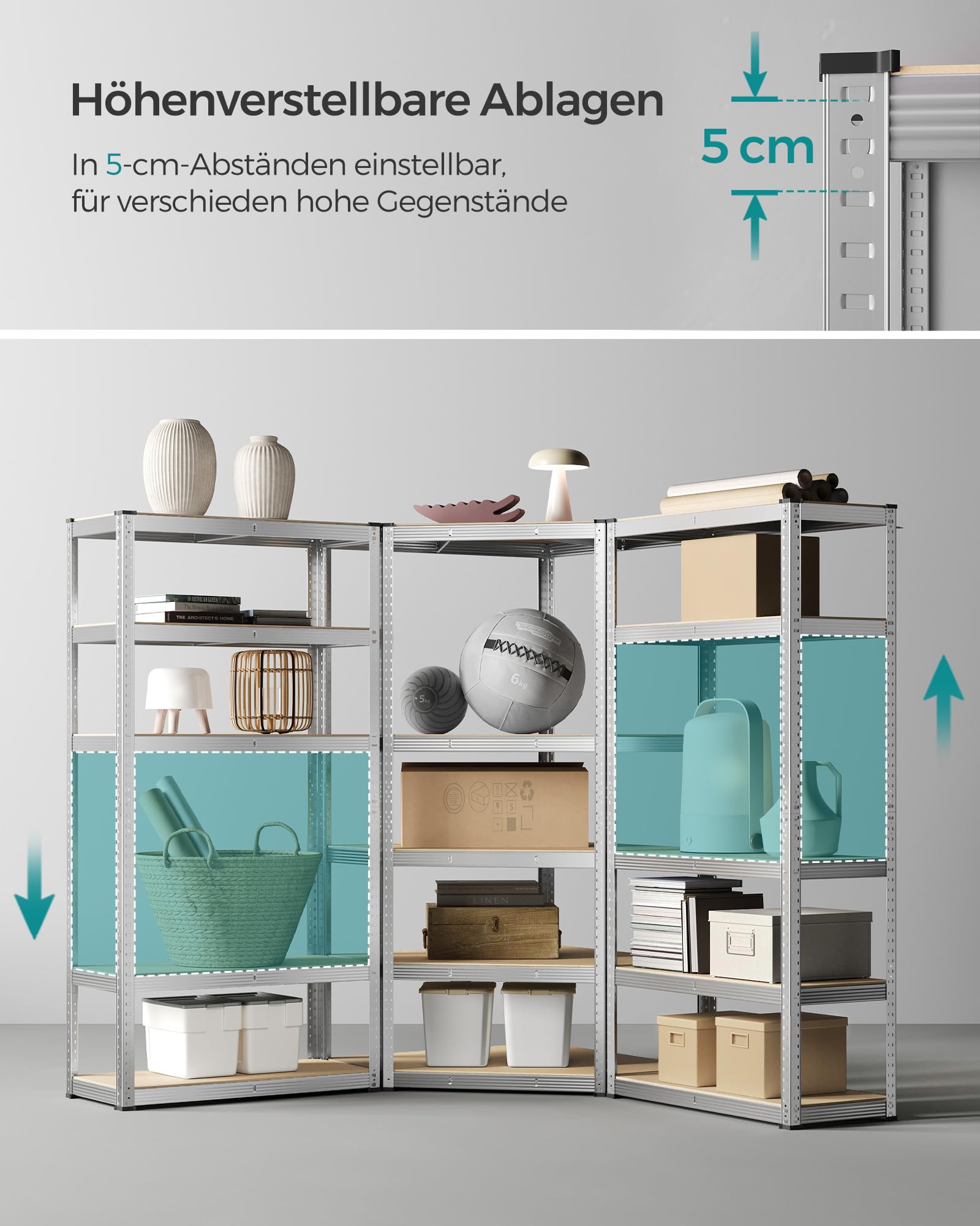 SONGMICS Eckregal-Set 5 Ebenen, Schwerlastregal, Metall, Lagerregal für Garage, Abstellraum, Kellerregal, bis 2625 kg belastbar, silbern-naturbeige GLR070E03