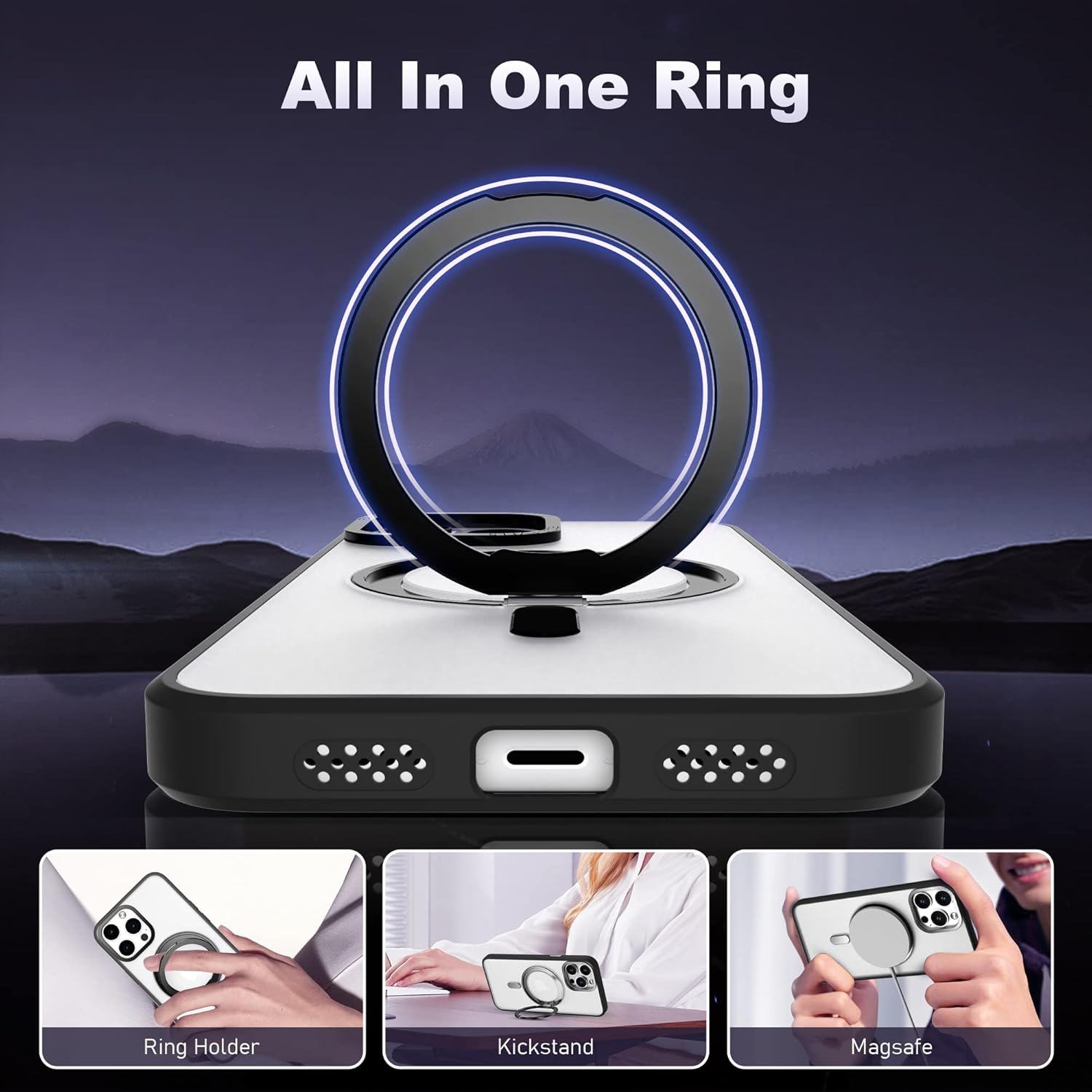For iPhone 13 Pro Case with Invisible Magnetic Stand, Military Drop Protection, Compatible with MagSafe, 360° Rotatable Magnetic Ring Kickstand, Shockproof Waterproof Clear Phone Cover, Black