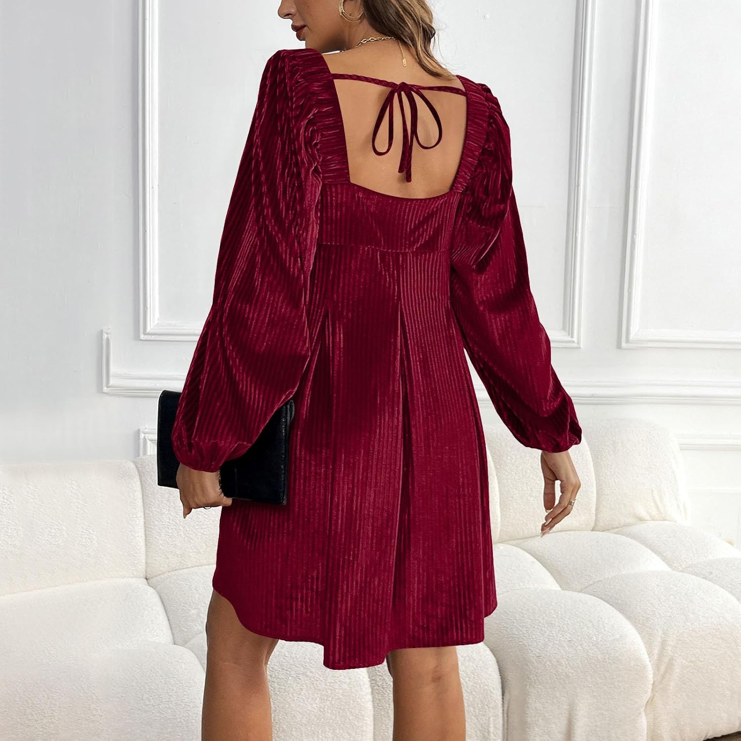 Oplxuo Womens Velvet Mini Babydoll Dresses Square Neck Long Sleeve Loose Fit Christmas Dress Evening Party Cocktail Dresses