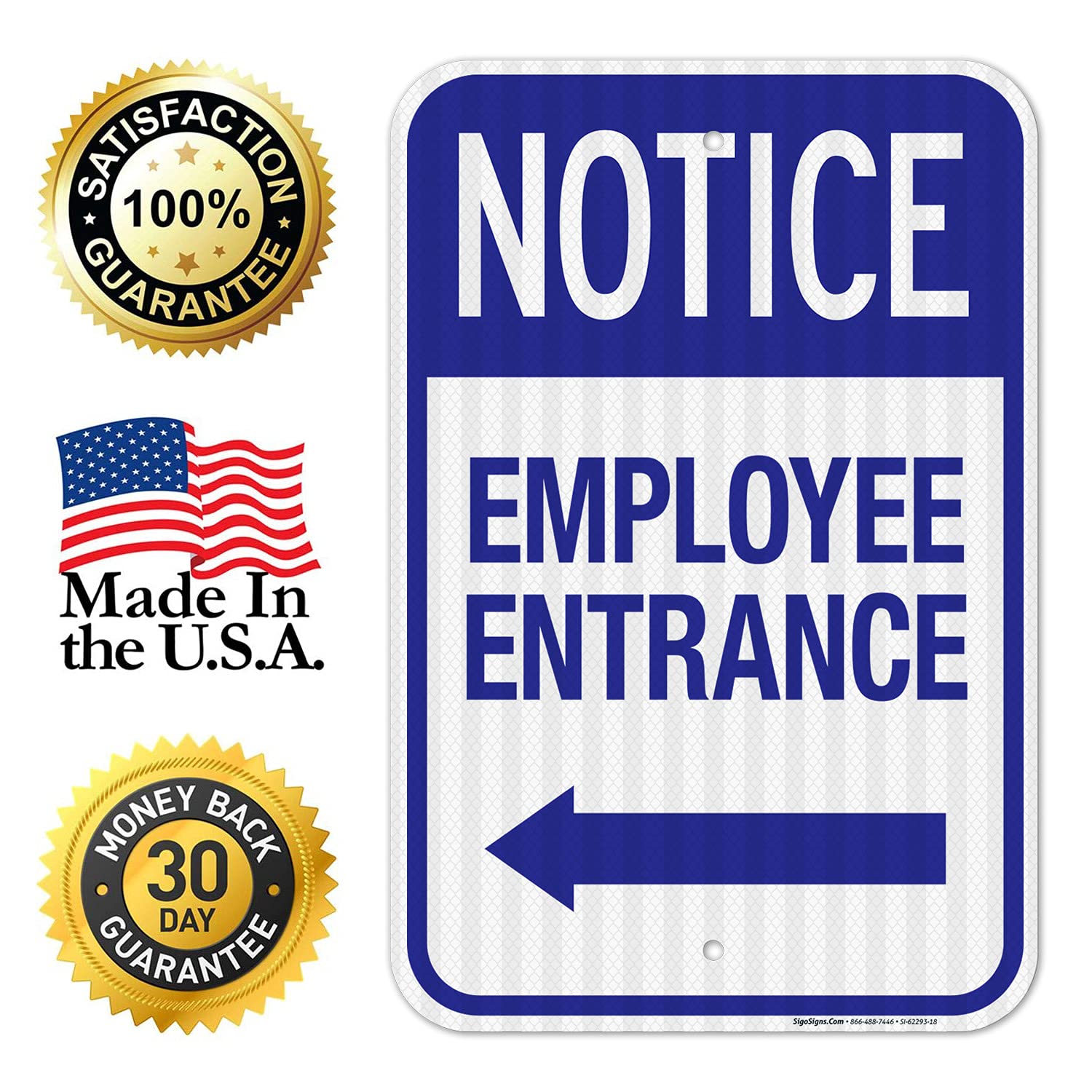 Employee Entrance with Left Arrow Sign, 12x18 Inches, 3M EGP Reflective .063 Aluminum, Fade Resistant, Made in USA