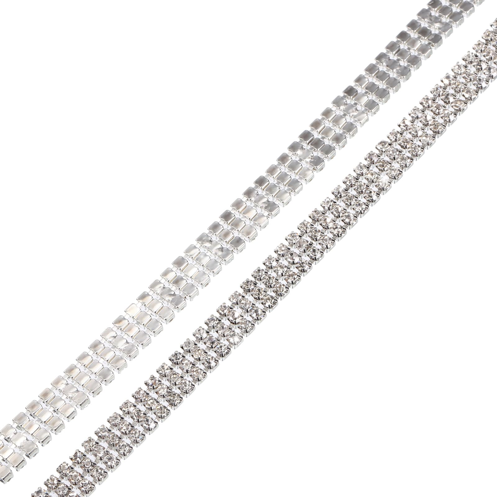 sourcing map 2 Yard 3mm 3 Rows Crystal Rhinestone Diamond Close Chain Trim Trimming Claw Cup Chain for Sewing, Crafts, DIY Jewelry Wedding Decorations Silver White