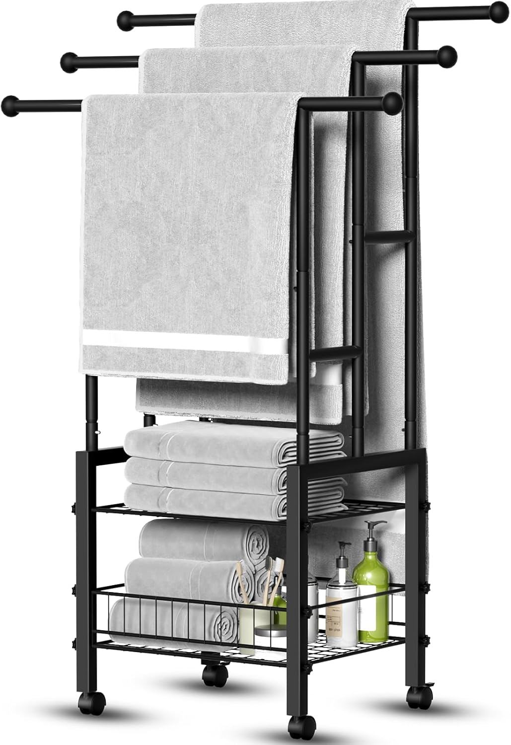 Kayfia 42.7" H Standing Towel Racks for Bathroom with Wheels, Upgraded Large Size 3 Tier Metal Blanket Rack Stand with Shelf and Basket, Storage for Oversized Bath Towels Bathroom Pool Accessories