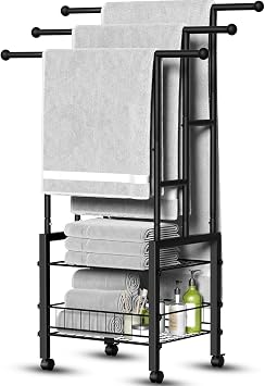 Kayfia 42.7" H Standing Towel Racks for Bathroom with Wheels, Upgraded Large Size 3 Tier Metal Blanket Rack Stand with Shelf and Basket, Storage for Oversized Bath Towels Bathroom Pool Accessories