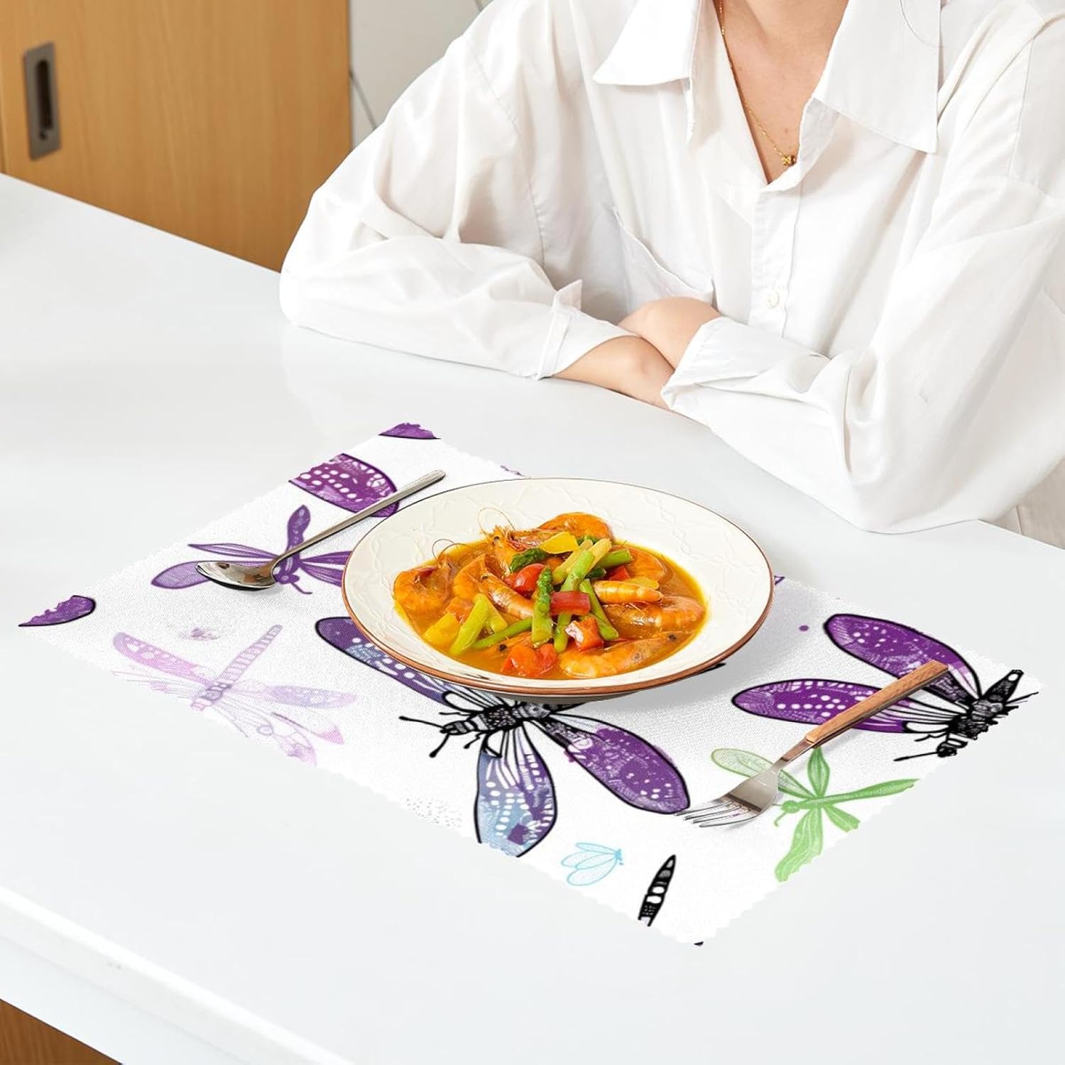 Placemats, Place Mats, Table Mats, Polyester Table Placemats Set, Washable, Dragon Blue, Dragonfly Purple