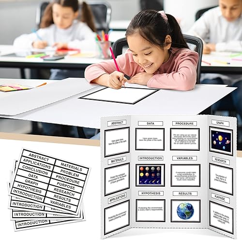 Miniatura 7 de Yeaqee 12 tableros de póster triple de 35.5 x 44 pulgadas, tableros de presentación para feria de ciencias con 12 hojas autoadhesivas de subtítulos