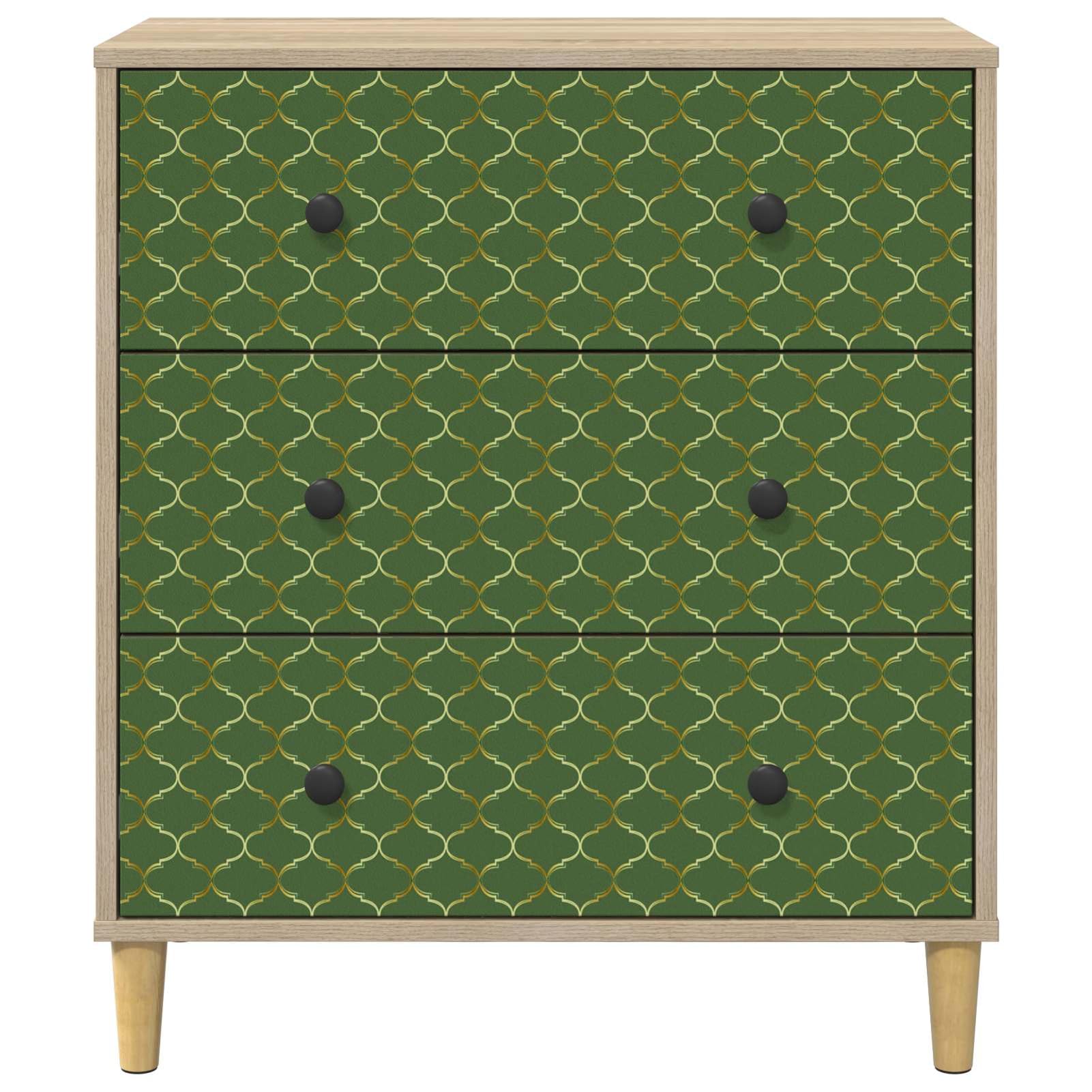 Homgoday Kommode GELEEN Smaragd geometrisches Muster 66 x 36,5 x 75 cm Holzwerkstoff Sonoma, 3 Schubladen, Stauraum, erhöhte Füße, für Schlafzimmer, Wohnzimmer 8007351