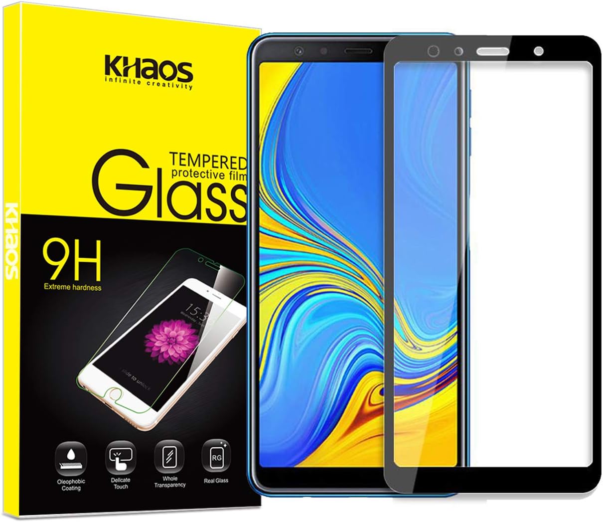 for Samsung Galaxy A7 2018 Screen Protector,KHAOS Full Coverage Tempered Glass Screen Protector for Samsung A7/ A750 Ultra-Clear Anti-Bubble Ant-Scratch -Black