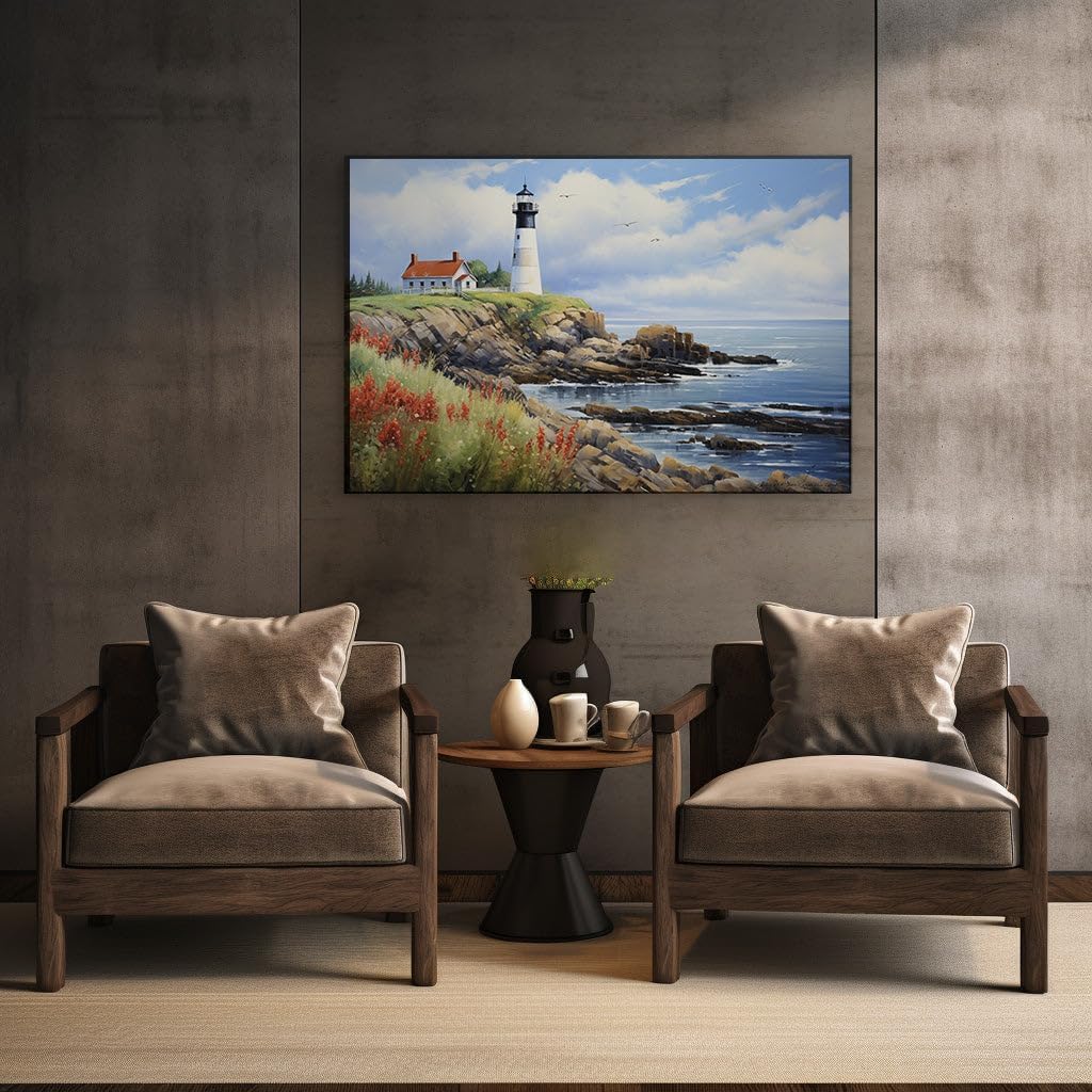 Canvas for Living room. Lighthouse Vigil on the Rocky Shore: An Ode to Maritime Guardians, 27 x 18 inch Canvas Wall Art - Great White Shark - Modern Home Decor