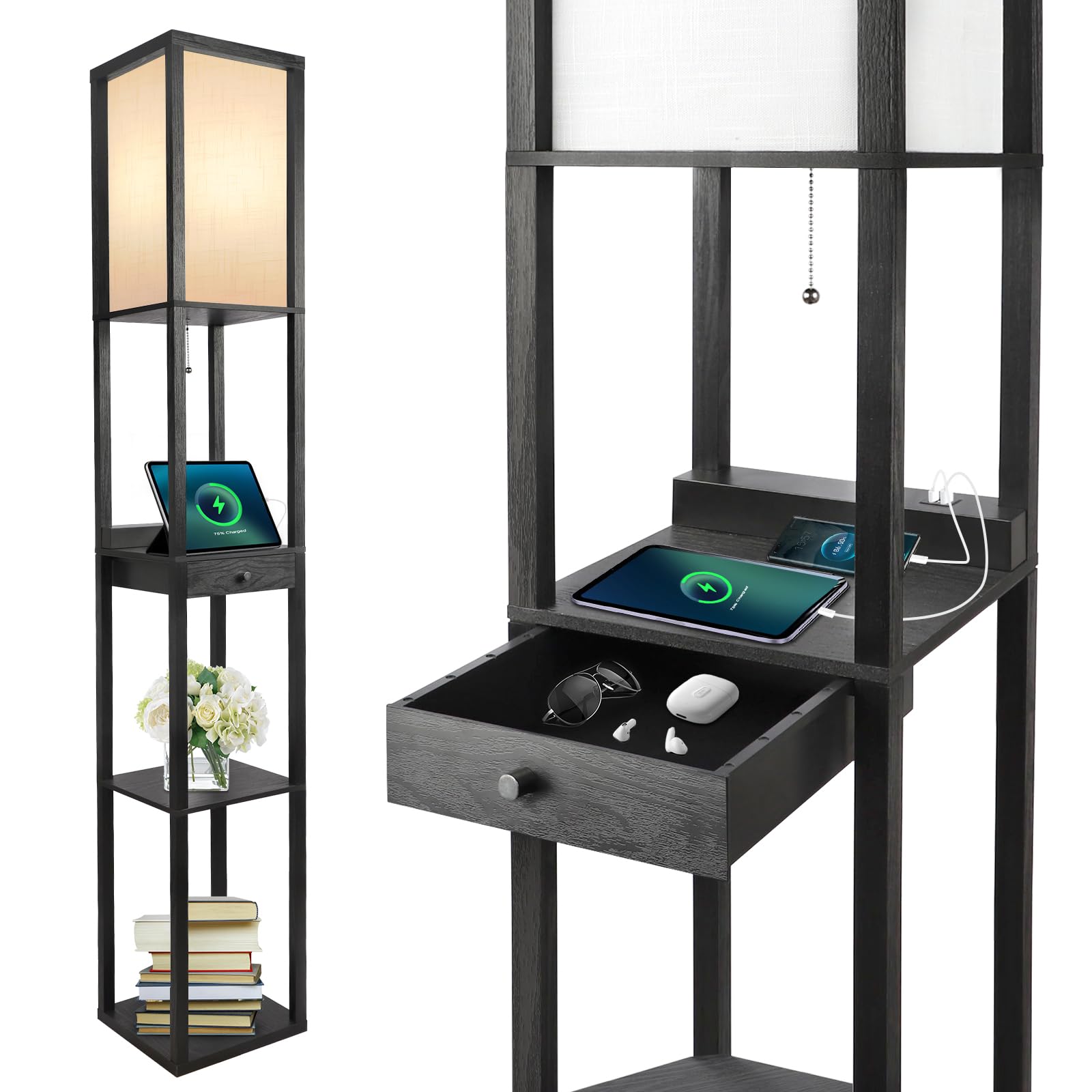 OUTON Shelf Floor Lamp with Drawer, 2 USB-C Ports, LED Column Modern Floor Lamp with USB & Type C Port, 3 Color Temperature, Storage Display Wood Standing Lamp for Living Room, Bedroom, Office(Black)