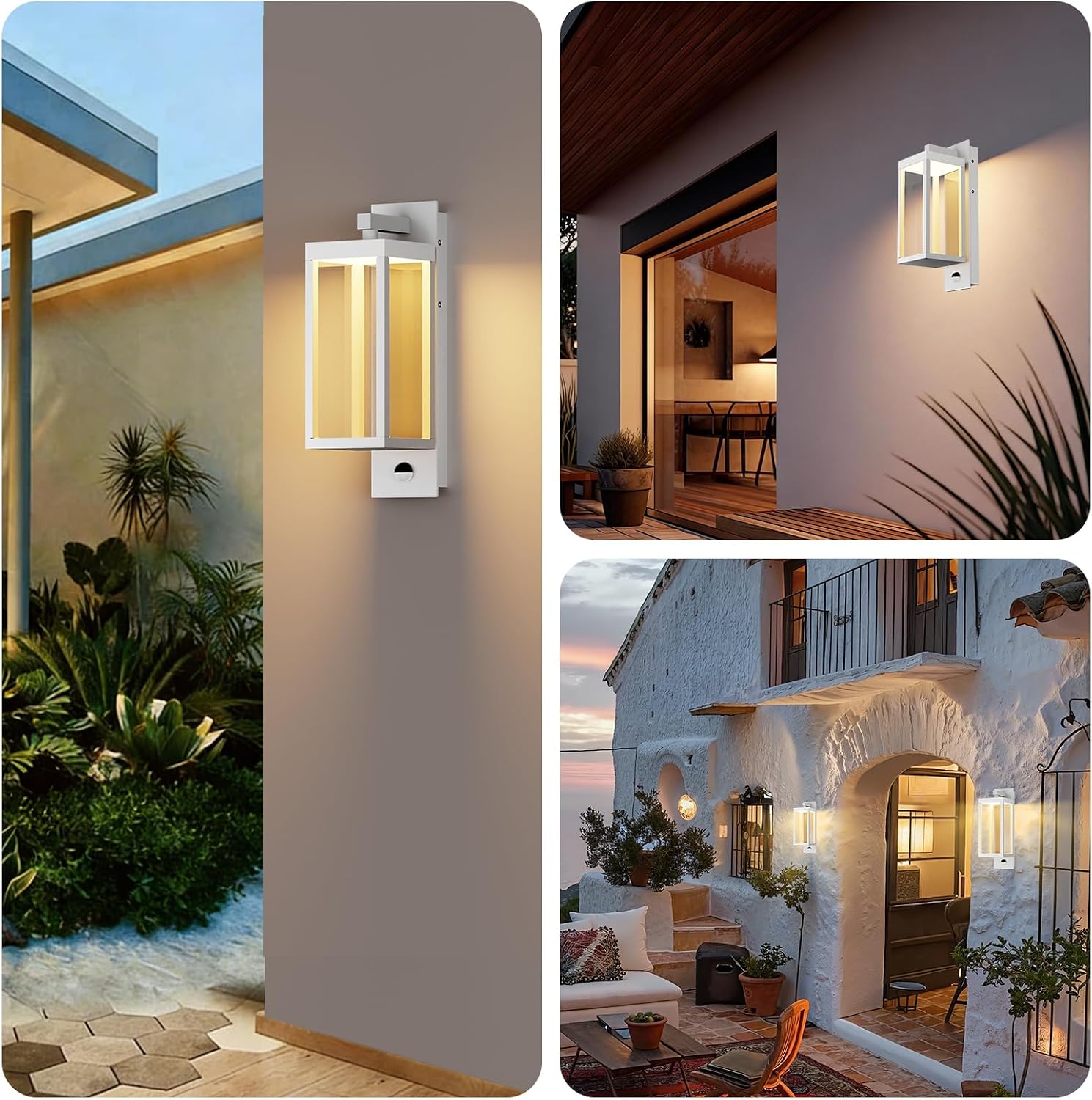 Motion Sensor Outdoor Wall Lantern, White Outdoor Lighting Wall Mount, Exterior Light Fixture,Anti-Rust Waterproof Porch Lights Fixture with Tempered Glass for House Front Balcony Garage Entryway