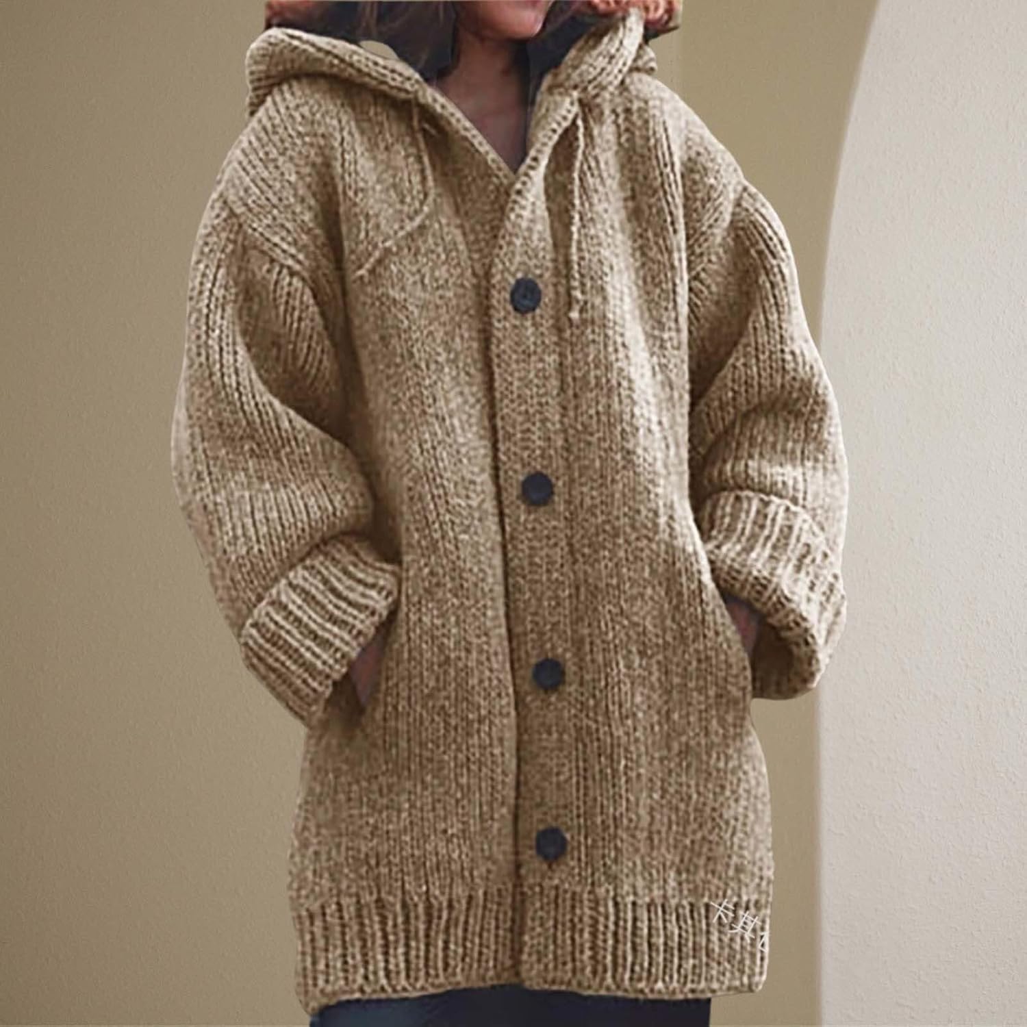 Fall Button Down Open Front Cardigan for Womens Casual Winter Long Sleeve Cable Knitted Hooded Sweaters Coats - Image 5