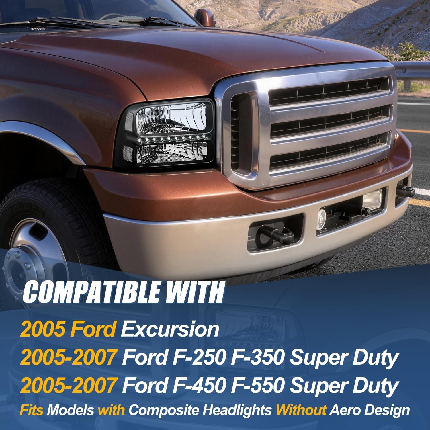 Auto Dynasty LED DRL Headlights Assembly Compatible with 2005 2006 2007 Ford F250 F350 F450 F550 Super Duty, Pair of Halogen Headlamps w/LED Running Light Strip, Black Housing Clear Corner