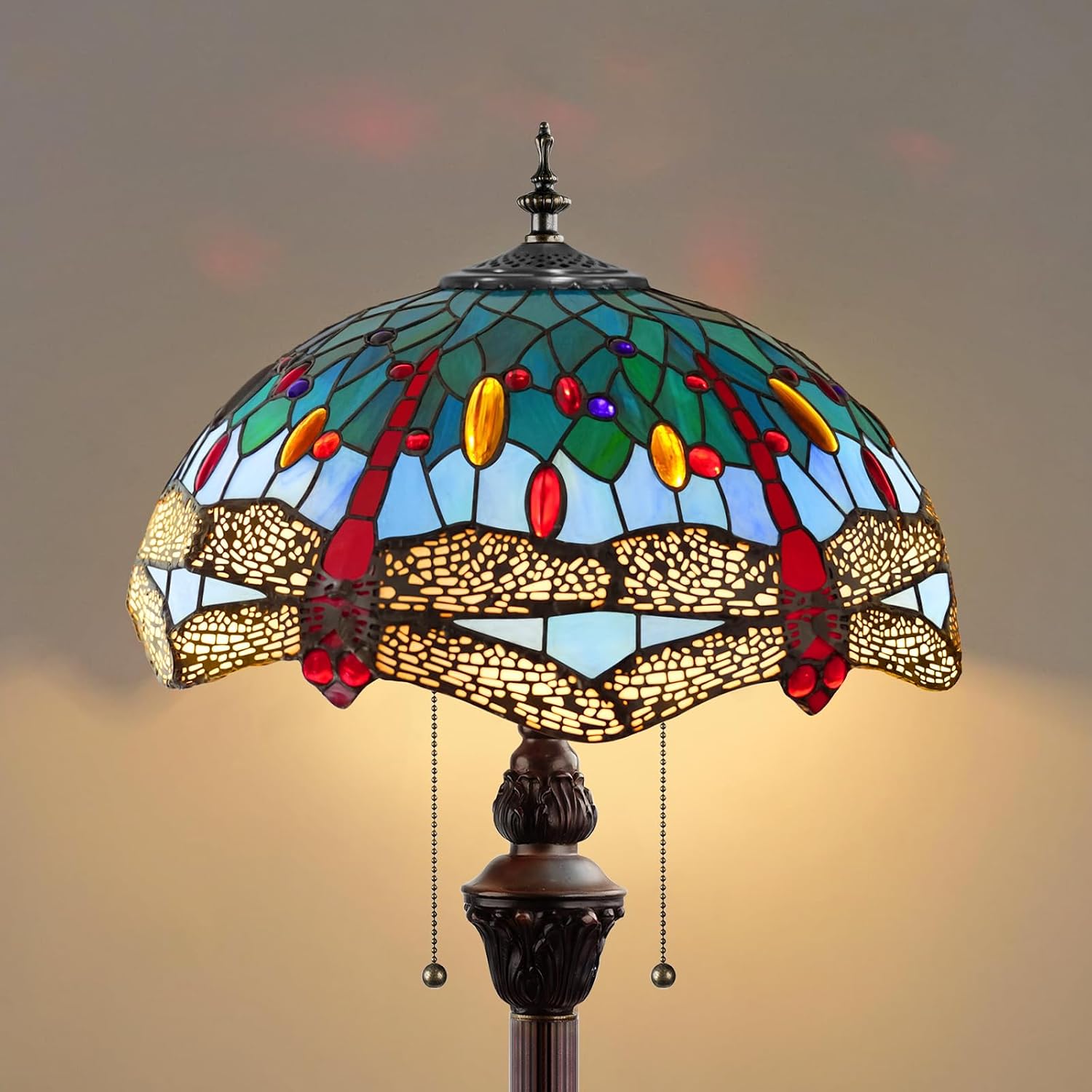 MOAN Floor Lamp Dragonfly Stained Glass Lamp 16X16X64 Inch Standing Reading Light Retro Pole Corner Lighting for Living Room Decor(Blue Dragonfly Style)