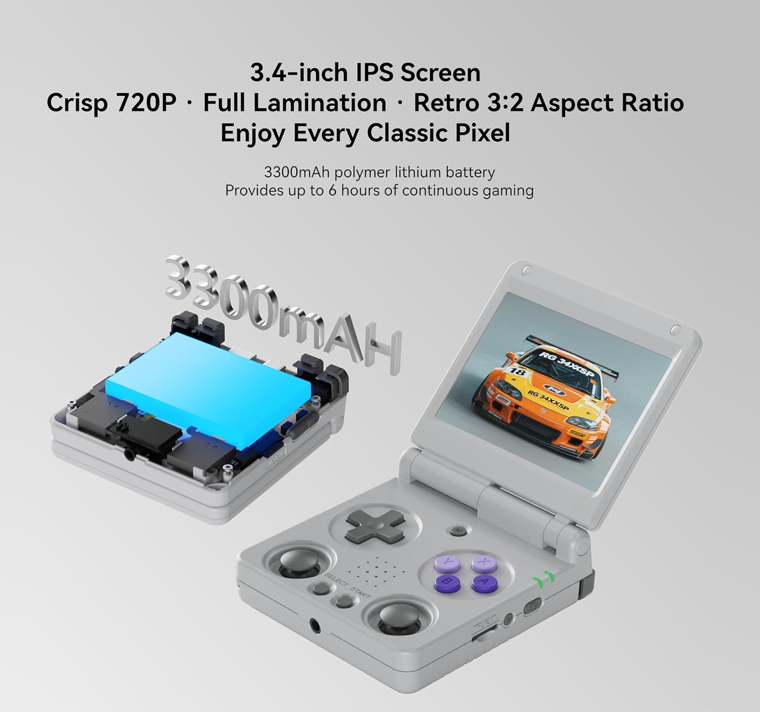 Anbernic RG34XXSP Retro Gaming Console – Flip Design, 3.4'' IPS Screen 720×480, 64G TF Card with 5000+ Games, Portable Handheld, 3300mAh Battery, WiFi HDMI Bluetooth (Gray 64G)