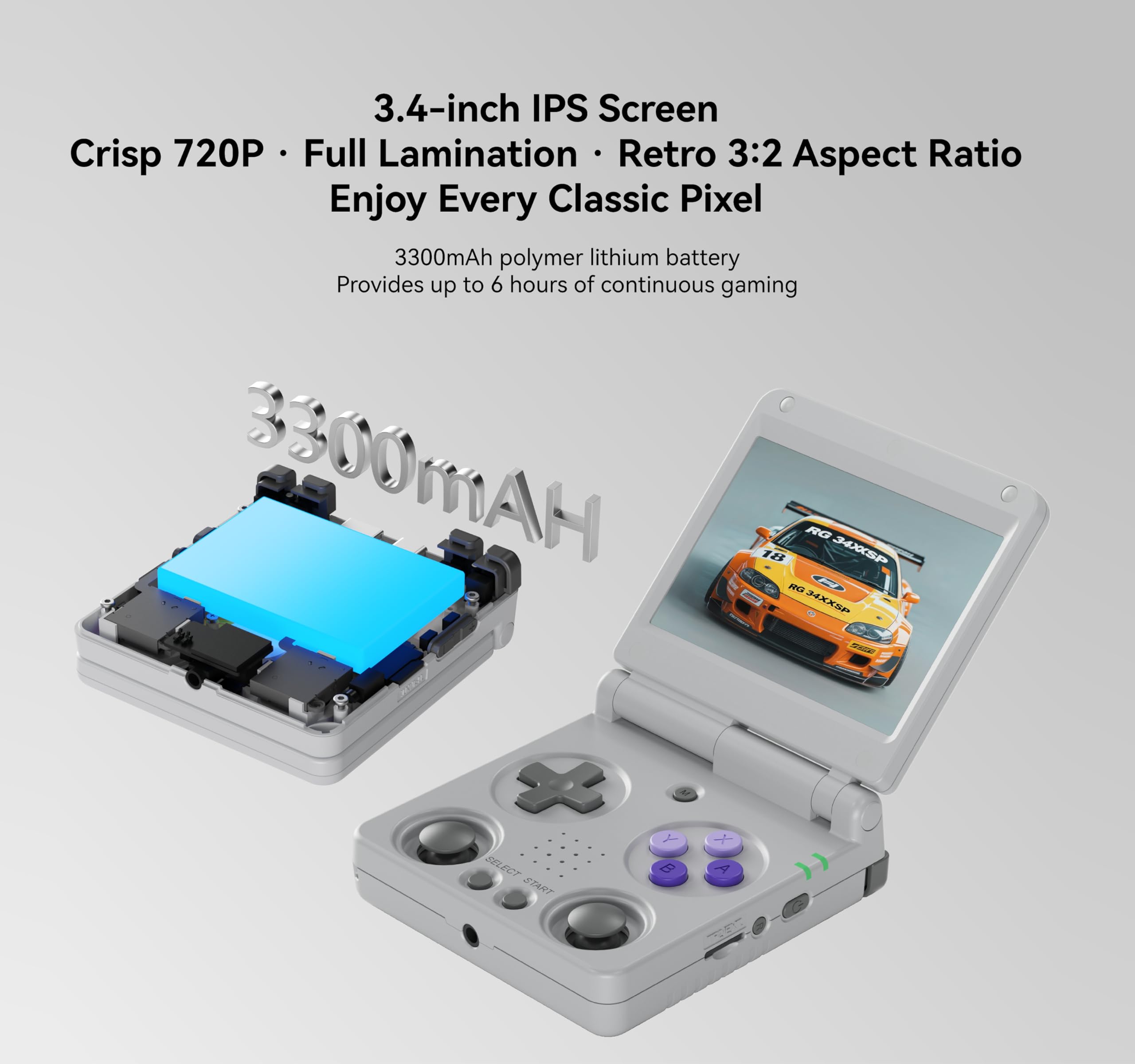RG34XXSP, Console di gioco retrò - Design a scatto, schermo IPS da 3,4", scheda TF 64G, stile portatile (grigio 64G)