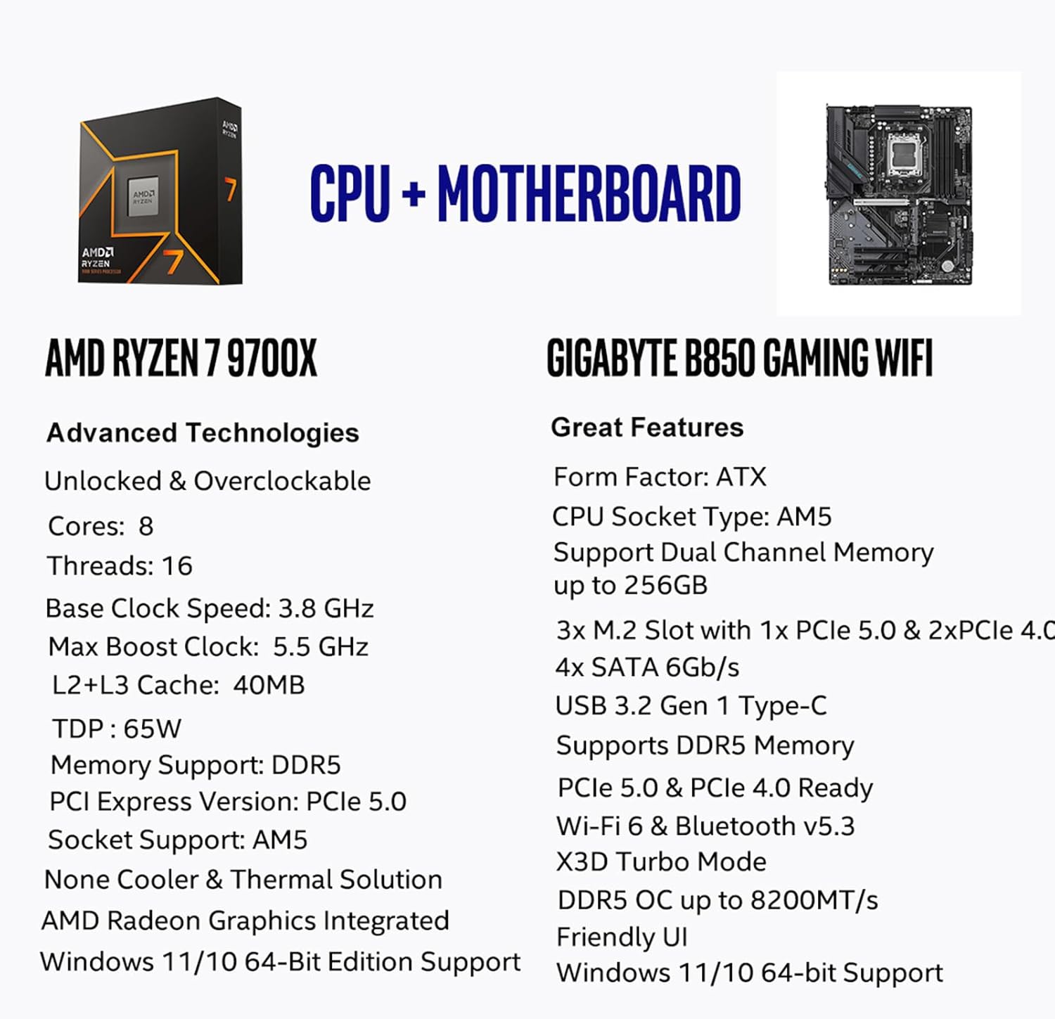 MICRO CENTER AMD Ryzen 7 9700X CPU Processor with GIGABYTE B850 Gaming WIFI6 Motherboard (ATX, DDR5, 3X M.2, PCIe 5.0, USB-C, WIFI6)