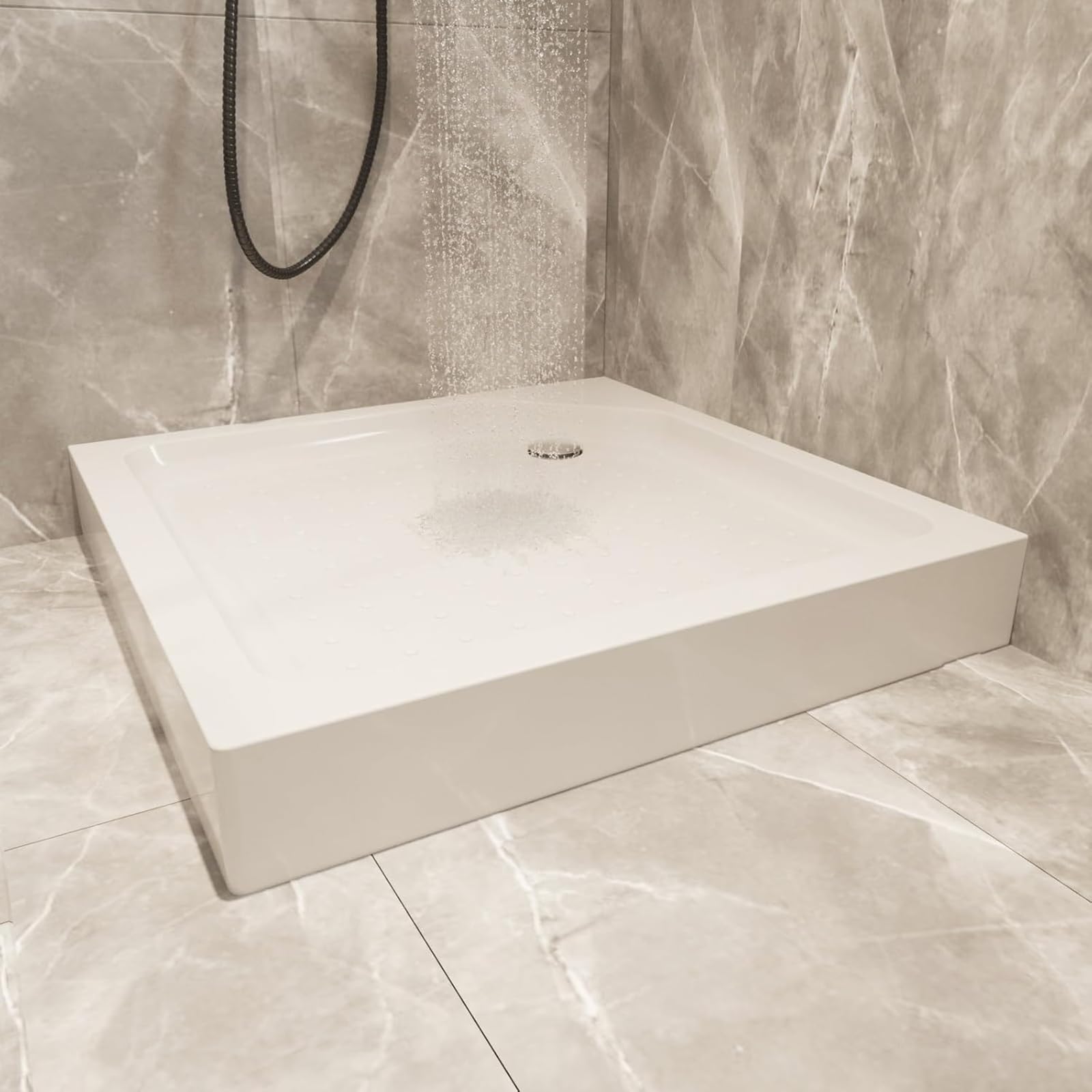 Plato de Ducha Cuadrado con Patas Ajustables, Platos Ducha Acrílicos, Resistente, Capacidad de Carga de 250 kg, Superficie Texturizada Antideslizante y Manguera de Drenaje de 80 cm(90x90cm/35.4x35.4in