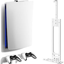 Wall Mount for PS5 with 2 Controller Holders, Sturdy Metal Console Holder Compatible with PlayStation 5, PS5 Slim, PS5 Pro Disc & Digital Editions, White