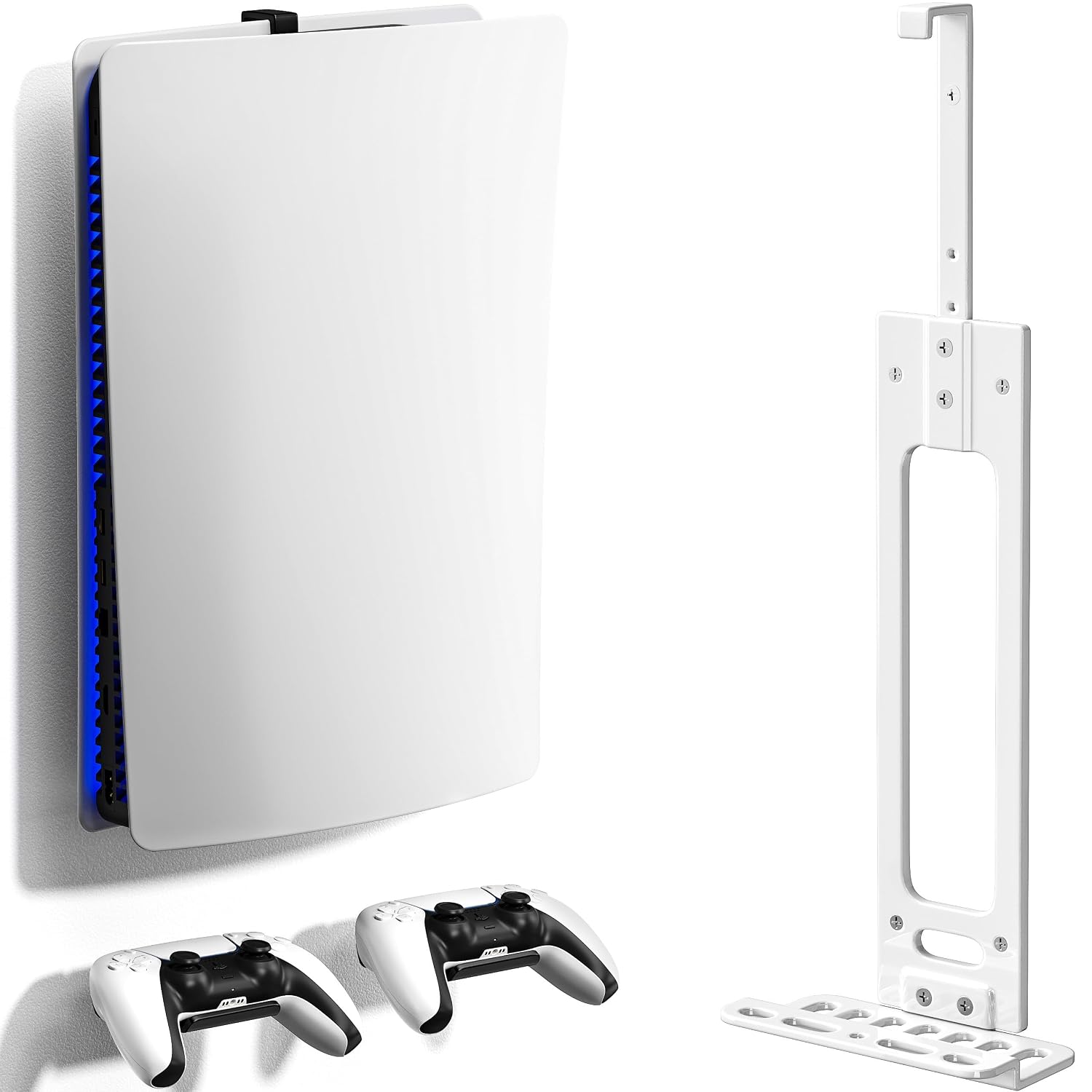 Wall Mount for PS5 with 2 Controller Holders, Sturdy Metal Console Holder Compatible with PlayStation 5, PS5 Slim, PS5 Pro Disc & Digital Editions, White