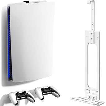 Wall Mount for PS5 with 2 Controller Holders, Sturdy Metal Console Holder Compatible with PlayStation 5, PS5 Slim, PS5 Pro Disc & Digital Editions, White
