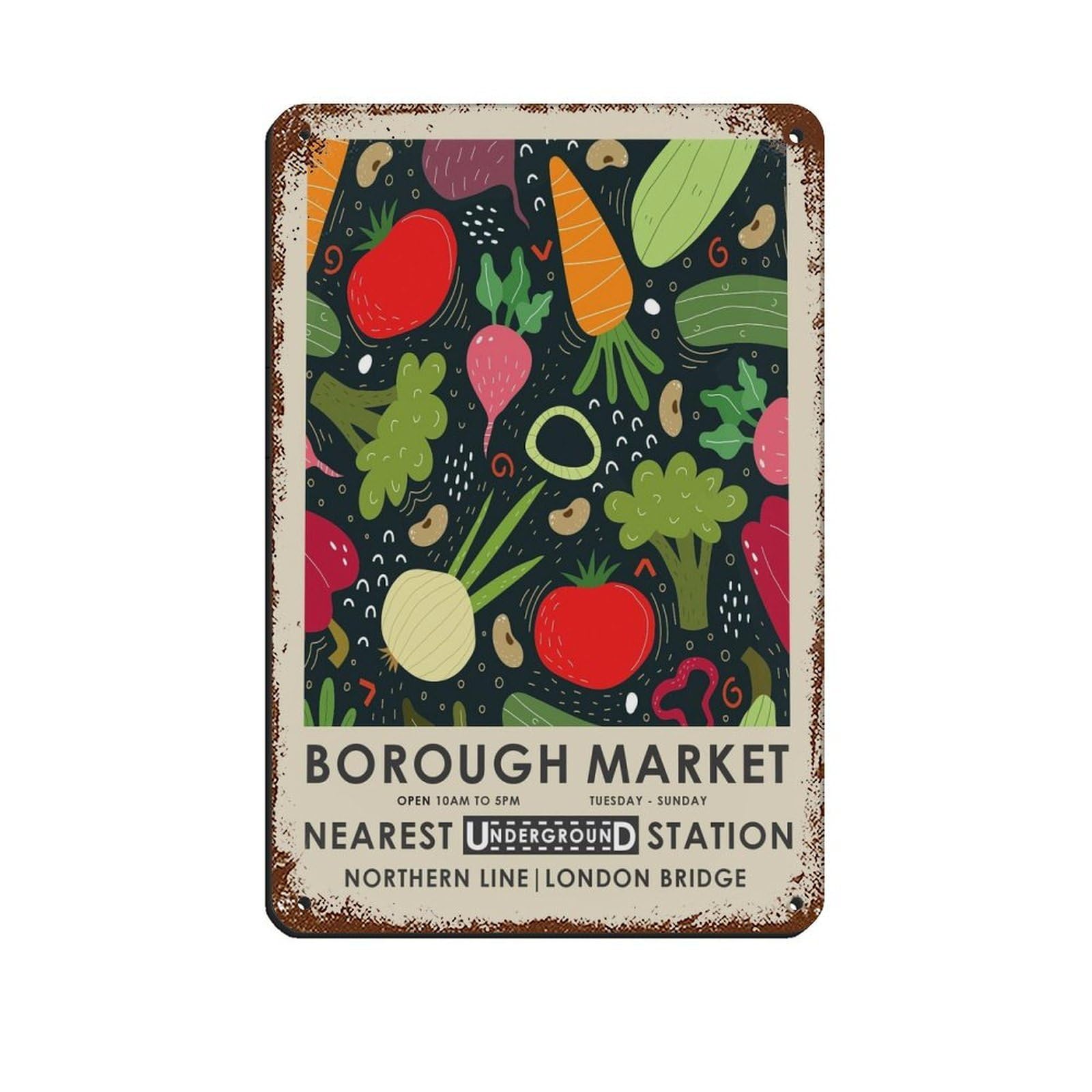 Borough Market, Kitchen Poster (3) Retro Poster Metal Tin Sign Chic Art Retro Iron Painting Bar People Cave Cafe Family Garage Poster Wall Decoration 8x12inch(20x30cm)