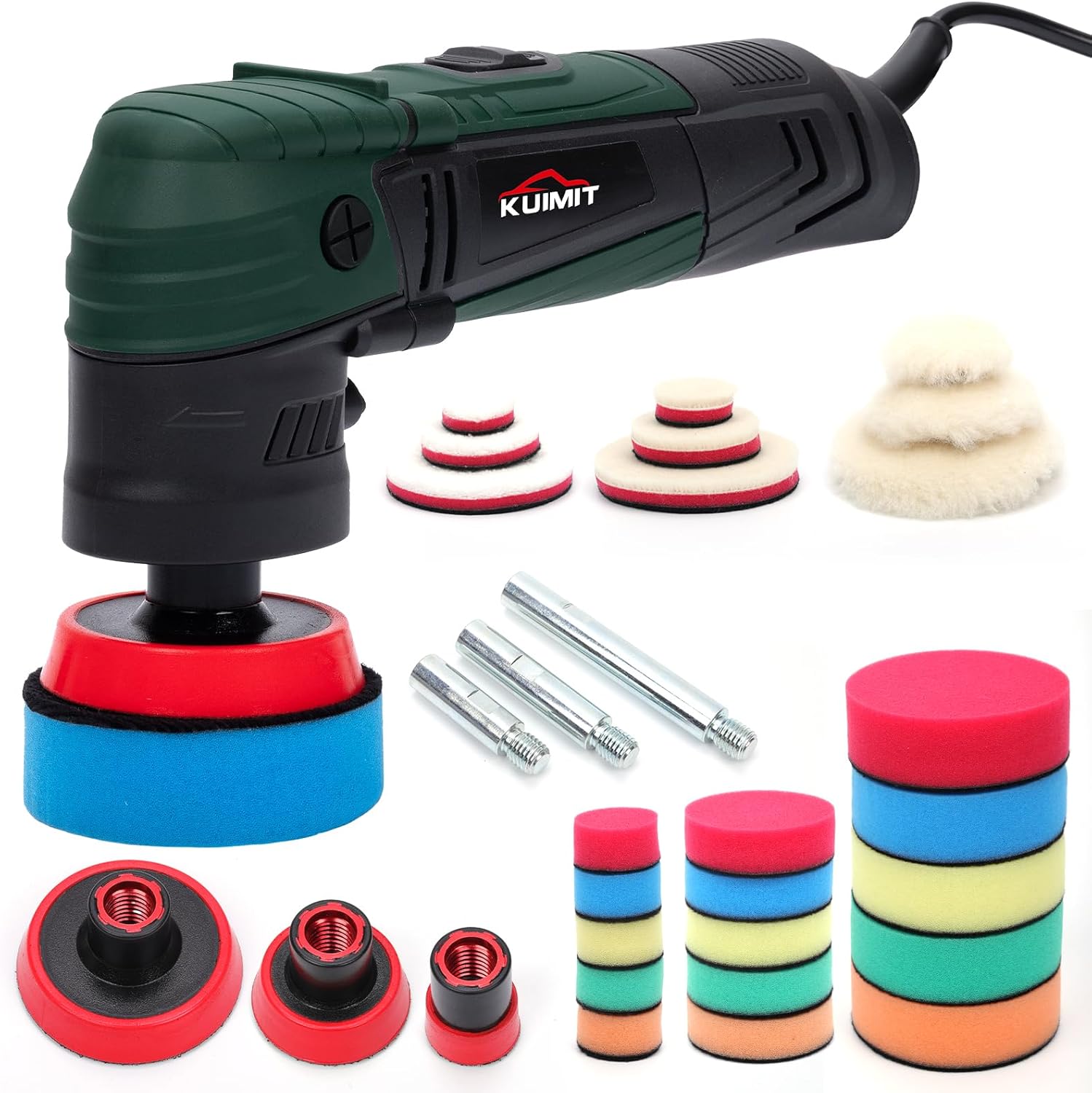 1"/2"/3" Buffer Rotary Polisher Kit | 780W High-Power Mini Polishing Machine w/ 27-Piece Accessories | M5/8-11 Thread 75mm/100mm/140mm Extension Shafts | for Car, Boat & Metal Detailing, Green