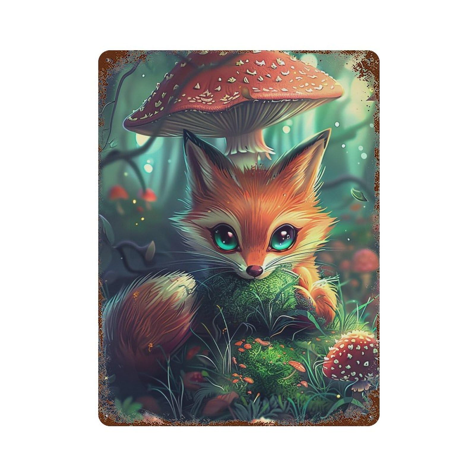 Mystical Forest Fox Rusty Metal Tin Sign 15.7"x11.8", Vintage Wall Decor for Garage, Pub Or Kitchen