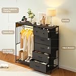 Commode 6 Tiroirs pour Chambre avec Rack Suspendu, Lumières LED et Station de Charge, Coffre de Rangement en Bois avec Station de Charge et Lumières LED, Panneau en Grille, Placard