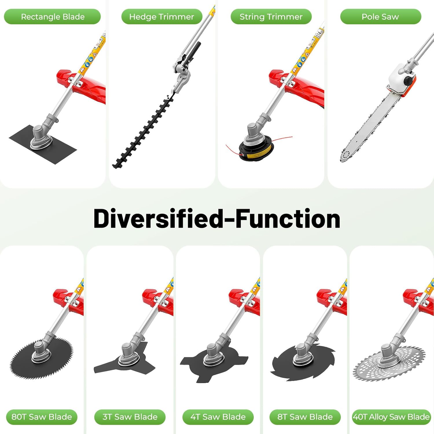 10-in-1 52CC Gas Multi-Trimmer, 2-Stroke Weed Edger w/1E44F-5 Engine, 8500r/Min 0.9Qt Tank Capacity Detachable Gasoline Power Garden Lawn Aluminum Brush Cutter String Trimmer w/7 Heads