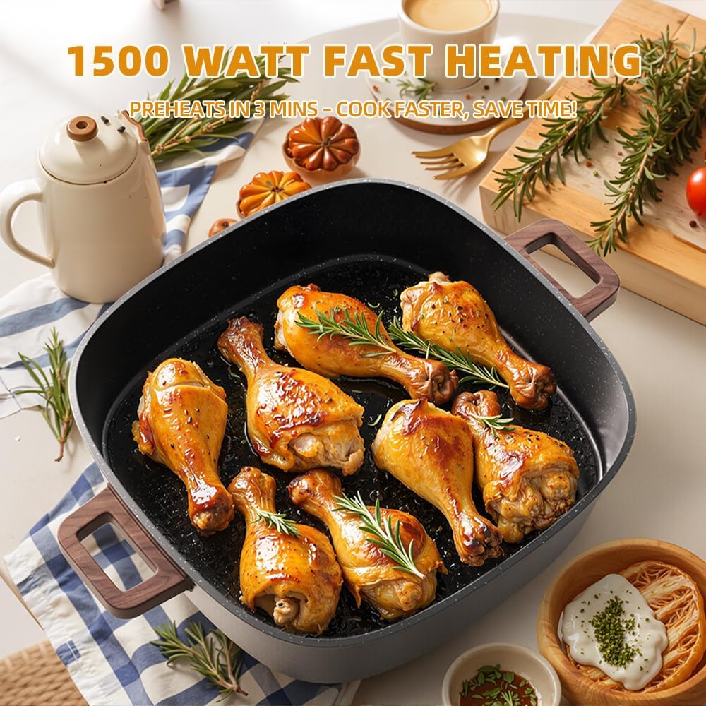 AORAN 12"x12" Electric Skillet 1500W with 5-Piece Kitchen Tools - 6.5QT Nonstick Griddle, Dishwasher Safe, Rapid Heating, Vented Glass Lid & Oven Safe Family Cookware