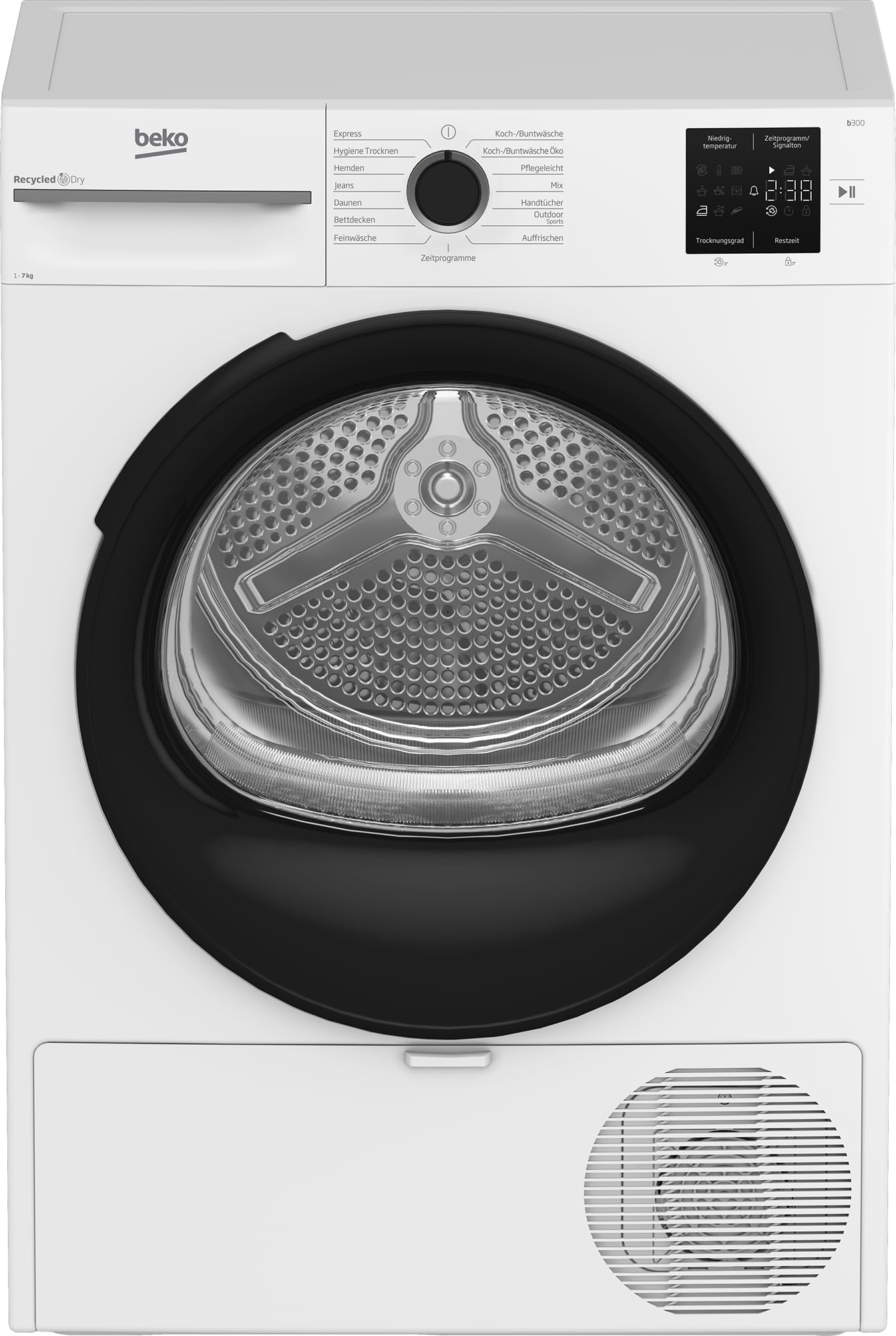 Beko BM3T3723W Wäschetrockner, 7 kg, Frontlader Kondenstrockner, allergikergeeignet, 15 Programme, kombinierter Filtermechanismus, Knitterschutz, AquaWave Schontrommel, Weiß