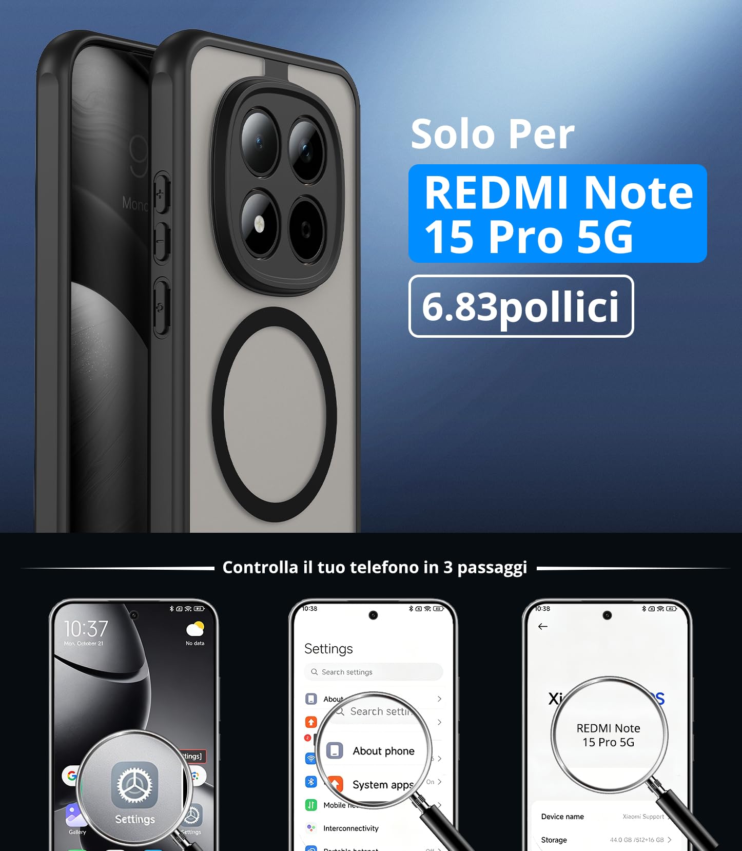 Vansdon Cover Magnetica per Xiaomi Redmi Note 15 Pro 5G con 1 Pezzi Vetro Temperato, Compatibile con Magsafe, Protezione anticaduta livello militare, Cover Traslucida Opaca Sottile Antiurto-Nero