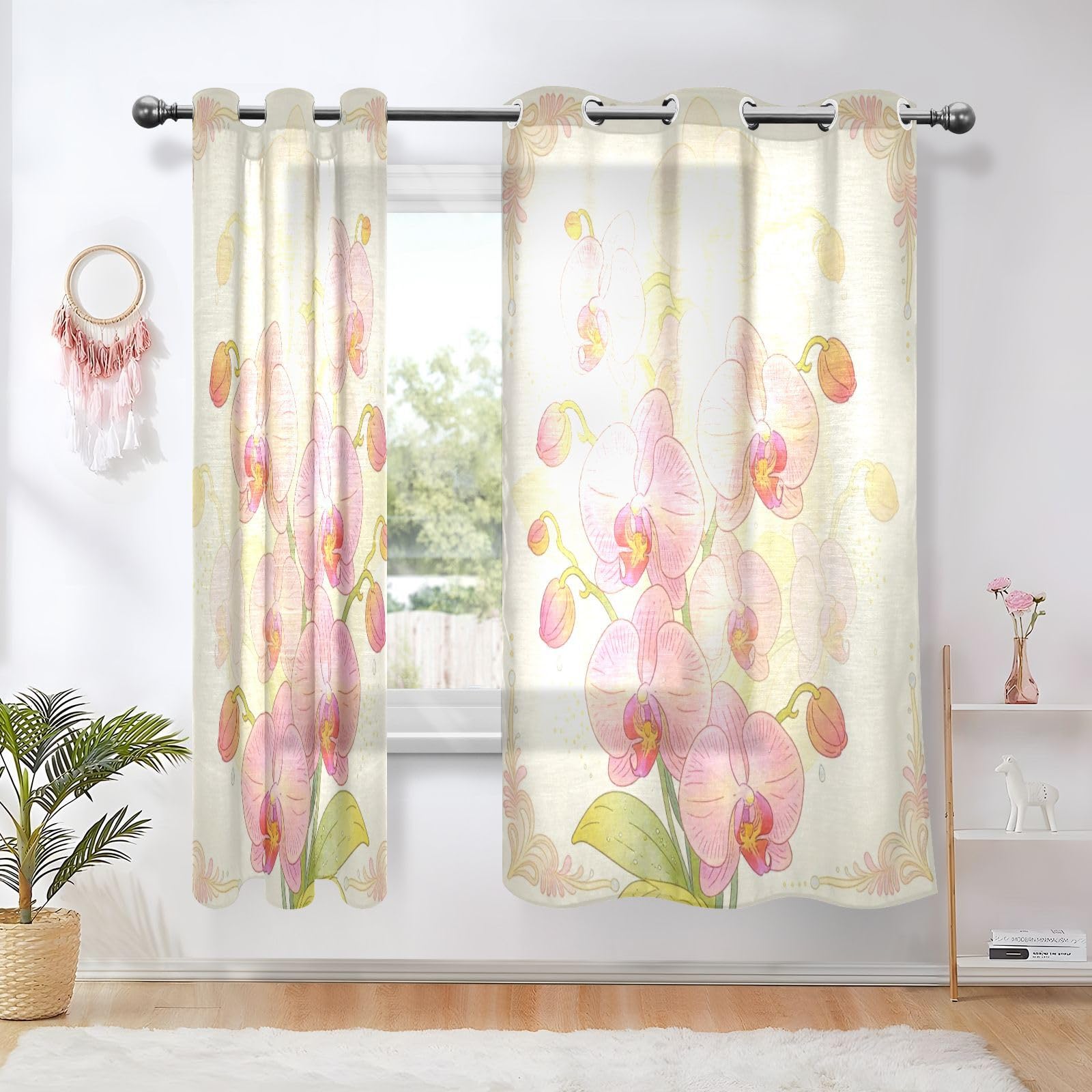 Cortinas decorativas para ventana, opacas, elegantes, arte de orquídeas tropicales, 160 cm de largo, oscurecimiento de la habitación, juegos de 2 paneles