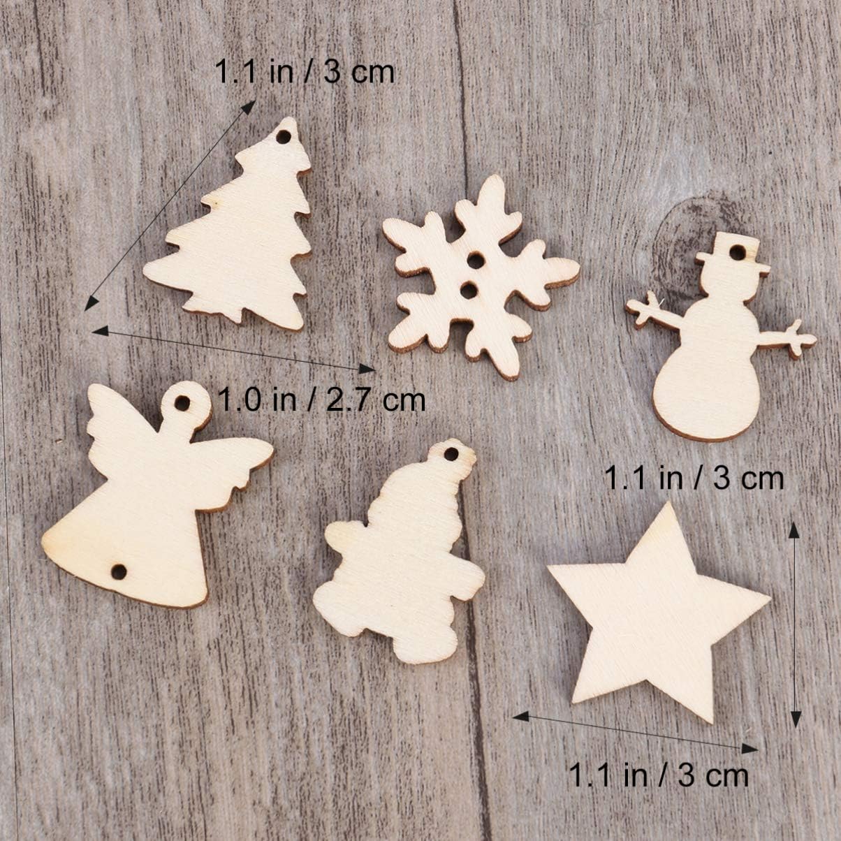 PRETYZOOM 50Pcs Christmas Wooden Slices Embellishments Hanging Ornaments Wood Crafts Xmas Tree Decoration (Christmas Tree Snowman Snowflake) - Image 3
