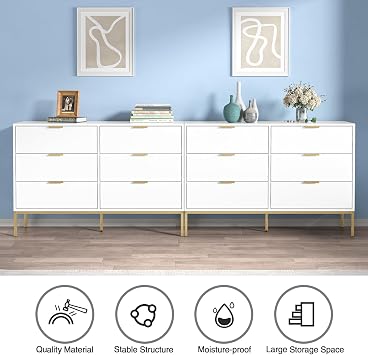 Modern 6 Drawer Dresser, White Dressers for Bedroom, Chest of Drawers Closet Organizers and Wood Storage Clothes, White Dresser with Golden Handles for Living Room, Hallway