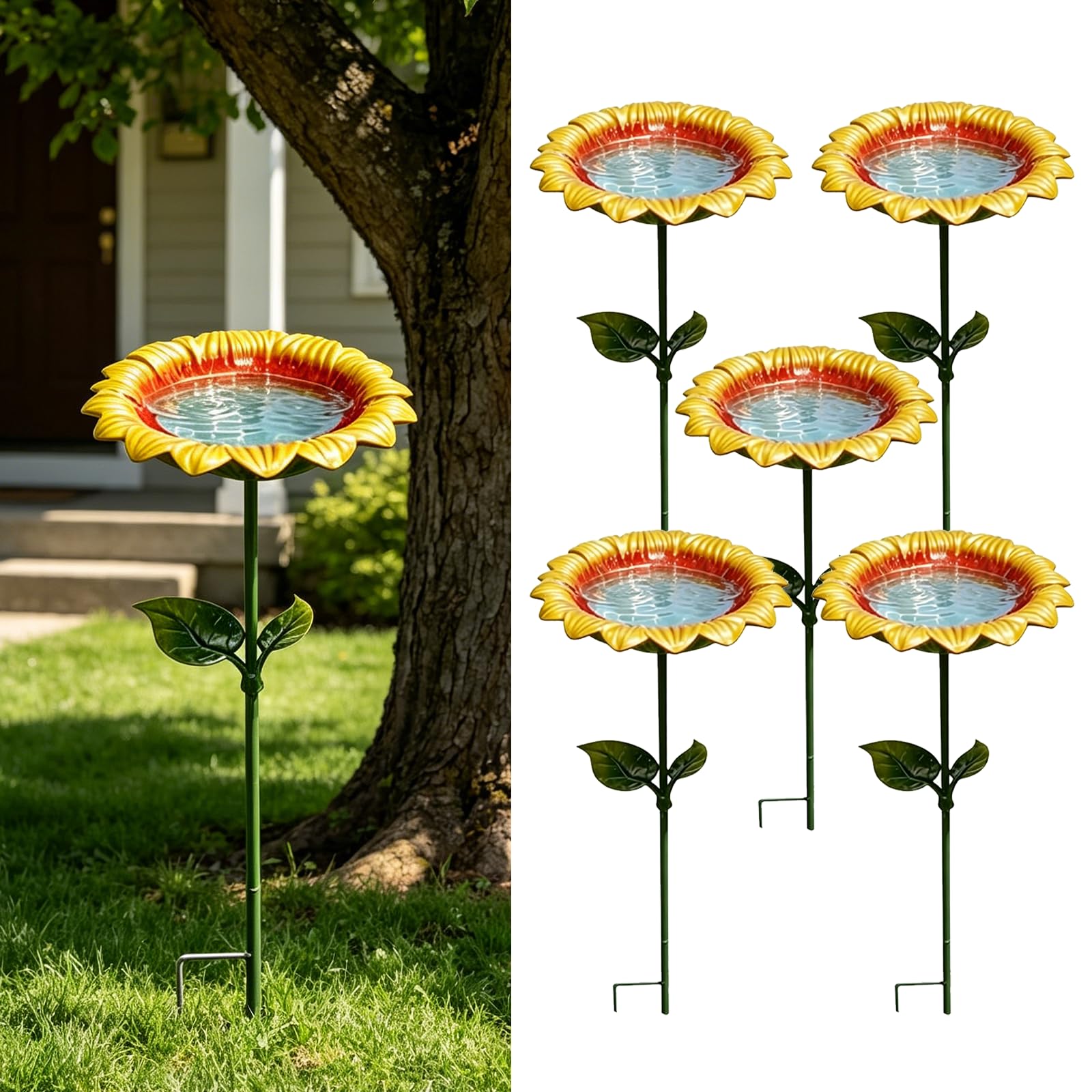 Vogeltränke Stehend, Metall Vogelbad Stehend im Sonnenblumen Design, Vogelfutterspender Vogeltränke Garten, Wassertränke für Vögel, Gartendeko für Draußen Wetterfest (5 Stück)