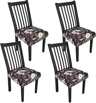 Stretch Dining Chair Seat Covers Set of 4,Dining Chair Slipcovers, Floral Printed Chair Covers,Soft Fabric Washable Upholstered Chair Seat Protector, No Rear Covers for Home Kitchen Dining Room