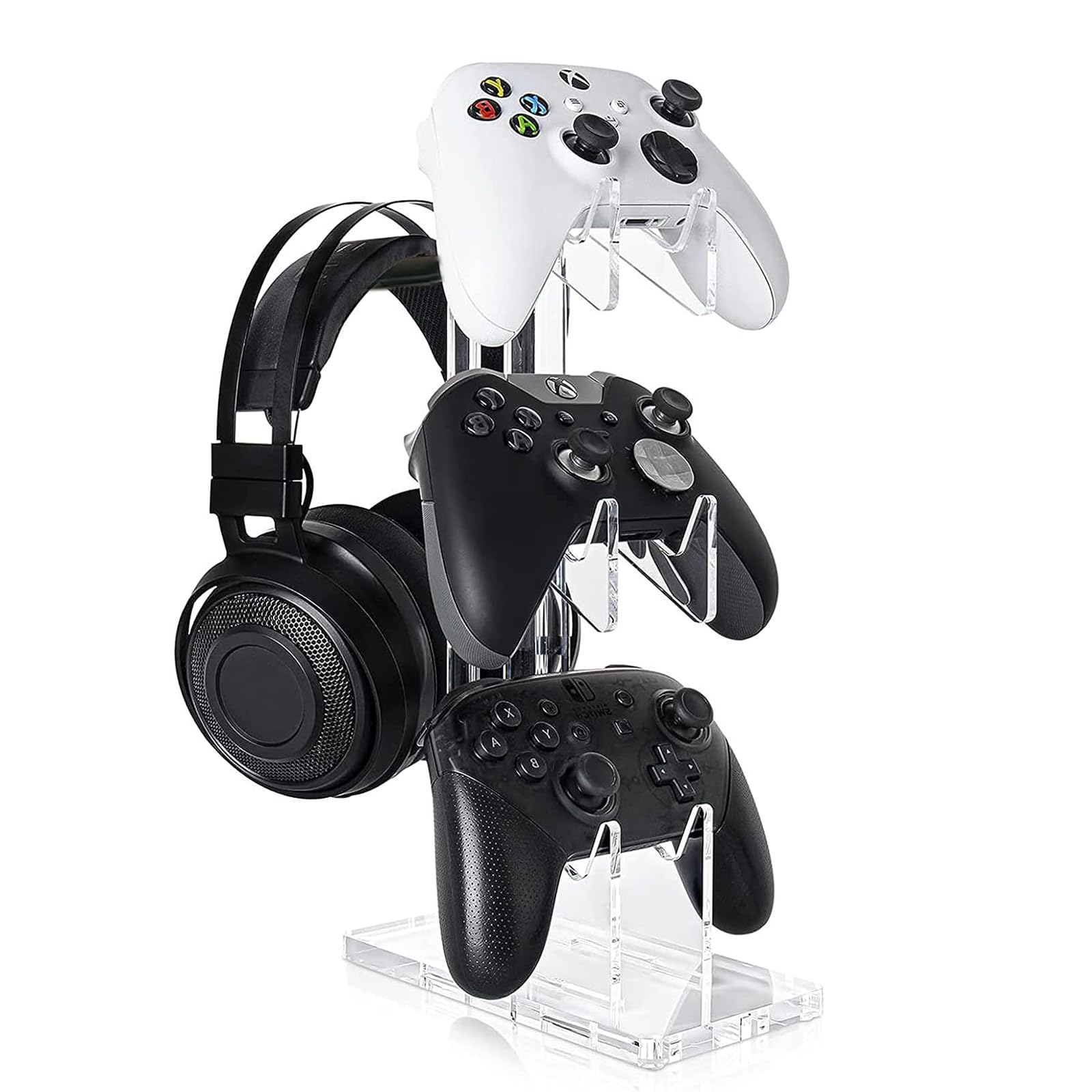 Supporto universale doppio per Xbox Series X PS4 PS5 Switch Joy Con, Supporto Trasparente in Acrilico per Cuffie e Controller, Organizzatore per Controller per 3 Gamepad (3 Tier Clear B)