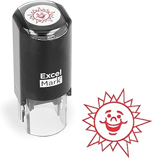 ExcelMark Round Teacher Stamp - Happy Sun - RED Ink