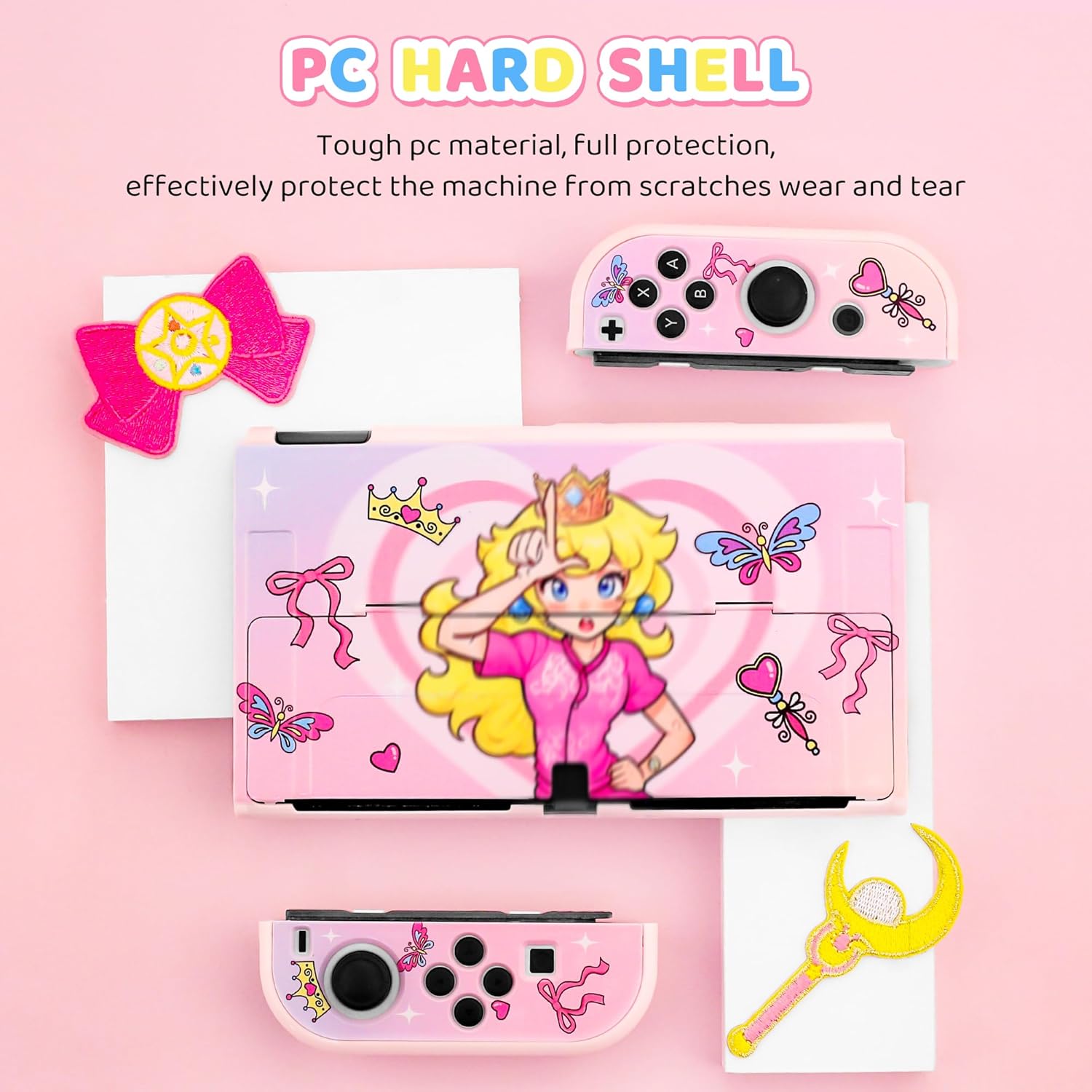 HYPERCASE Cute Switch OLED Carrying Case Kit for Princess, with Pink Girly Switch OLED Travel Bag Pouch, PC Hardshell OLED Cover Skin, Screen Protector, Shoulder Straps & 2 Kawaii Thump Caps