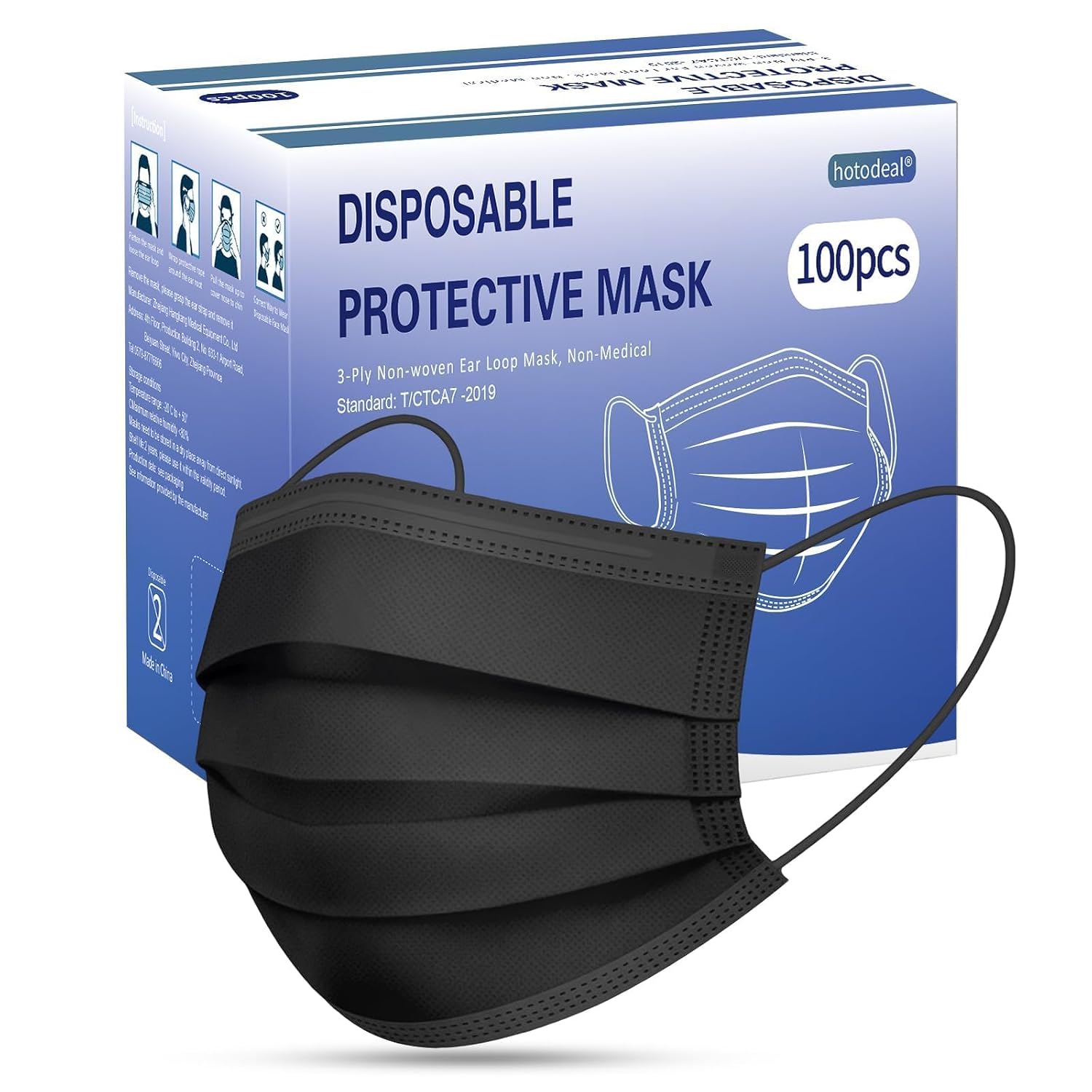 Hotodeal 100 Pack Disposable Face Masks, 3-Ply Breathable Mask for Adults | Adjustable Nose Clip, Soft Elastic Ear Loops, Lightweight Design, For Travel, Work, Errands, and Everyday Use