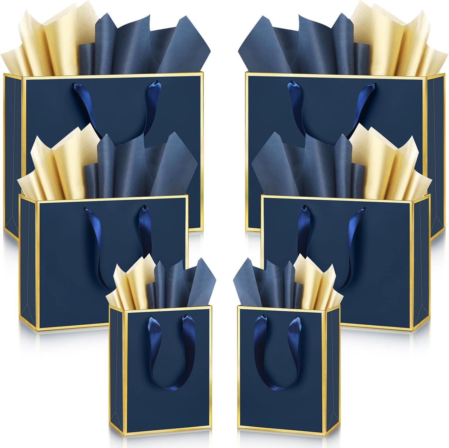 Yeaqee 12 Sets Metallic Paper Gift Bags with Handle Tissue Paper Include 8", 10", 13" Thank You 5 Senses Gift Bags for Him Her Birthday Wedding Groomsmen Bridesmaid Anniversary Favor(Navy Blue, Gold)