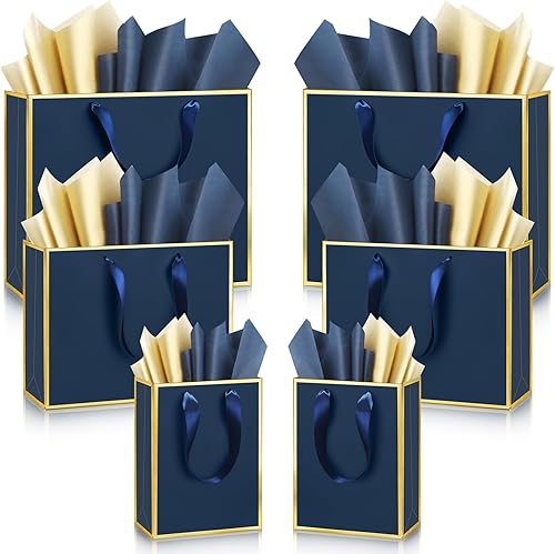 Yeaqee 12 juegos de bolsas de regalo de papel metálico con asa de papel de seda que incluyen 8, 10 pulgadas, 13 pulgadas, bolsas de regalo de