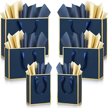 Yeaqee 12 Pcs Metallic Paper Gift Bag with Handle Tissue Paper Assorted Size Include 8" 10" 13" Thank You 5 Senses Gift Bag for Him Her Birthday Wedding Groomsmen BridesmaidNavy Blue, Gold