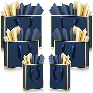 Yeaqee 12 Sets Metallic Paper Gift Bags with Handle Tissue Paper Include 8", 10", 13" Thank You 5 Senses Gift Bags for Him Her Valentines Birthday Wedding Groomsmen Bridesmaid Favor(Navy Blue, Gold)
